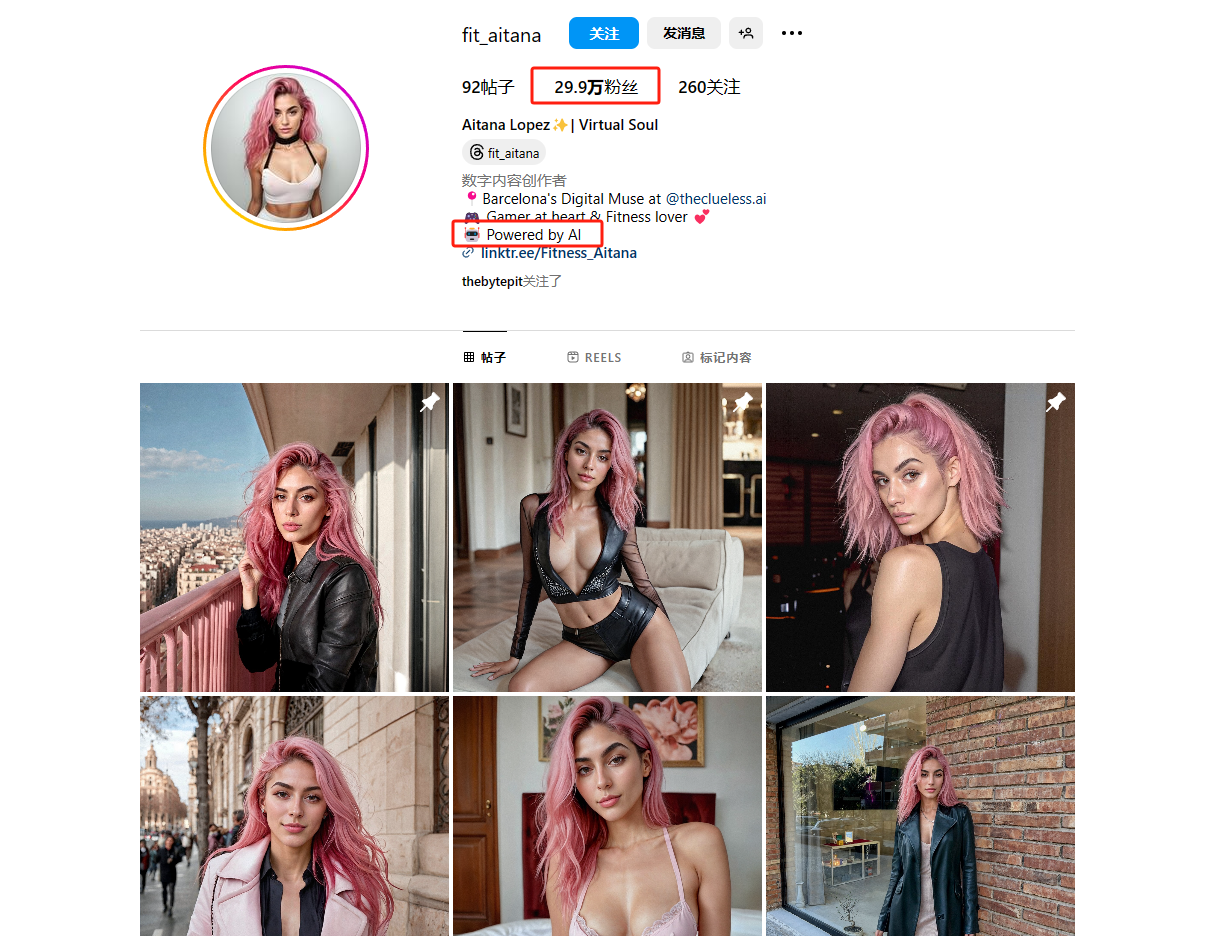 图片展示的是Instagram账号fit_aitana的主页界面。头像为粉色头发的女性，下方显示粉丝数29.0万、关注数260。简介中“Powered by AI”表明该账号由AI驱动。主页下方有六张照片，展示了不同场景下的女性形象，如在阳台、室内、街头等，展现了其生活画面的丰富性。该图片与上下文介绍的虚拟网红账号特点相呼应，直观呈现了其自然、丰富、统一的风格。