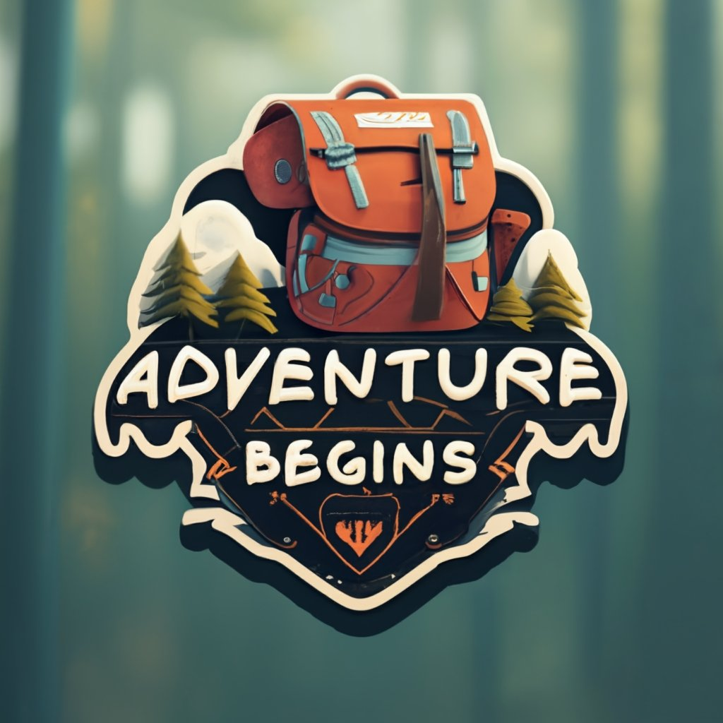 图片展示的是一个复古风格的徽章和贴纸设计，以“Adventure Begins”为文字主题。主体为一个橙色背包，置于山峰和树木背景中，周围环绕着山峰图案。文字“ADVENTURE”和“BEGINS”以粗体呈现，下方有一个带有“HIV”标识的盾牌图案。该设计可传达冒险和挑战的氛围，与上下文介绍的创意运用主题相契合。