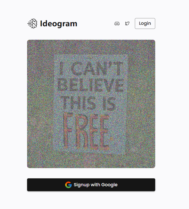 图片展示了Ideogram网站的登录页面。页面顶部有网站名称“Ideogram”及登录按钮。中间是一个带有文字“CAN'T BELIEVE THIS IS FREE”的灰色方块，背景为深色。底部有一个黑色长条，内有“Signup with Google”字样及谷歌标志。该图片对应文档中“第1步：创建帐户”部分，直观呈现了登录页面的界面样式，帮助用户了解在Ideogram上创建账户时的登录入口位置。