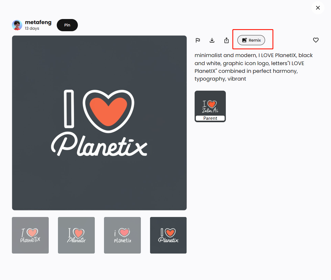 图片展示了在Ideogram平台复制图像风格的界面。左侧为“Planetix”风格的示例图，图中有心形图案和文字。右侧有复制、下载等图标，其中“Remix”按钮被红色框突出显示。下方有提示信息，说明该风格为简约现代，结合了图标、字体等元素。底部展示了该风格的多种变体。此图与上下文紧密相关，直观呈现了在Ideogram中复制图像风格的操作界面及效果。