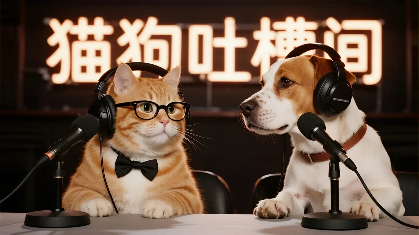 jimeng-2026-02-04-1435-录音棚场景中，一只戴着黑框眼镜、头戴耳机的橘猫，和一只头戴耳机的比格犬，并排坐在....png