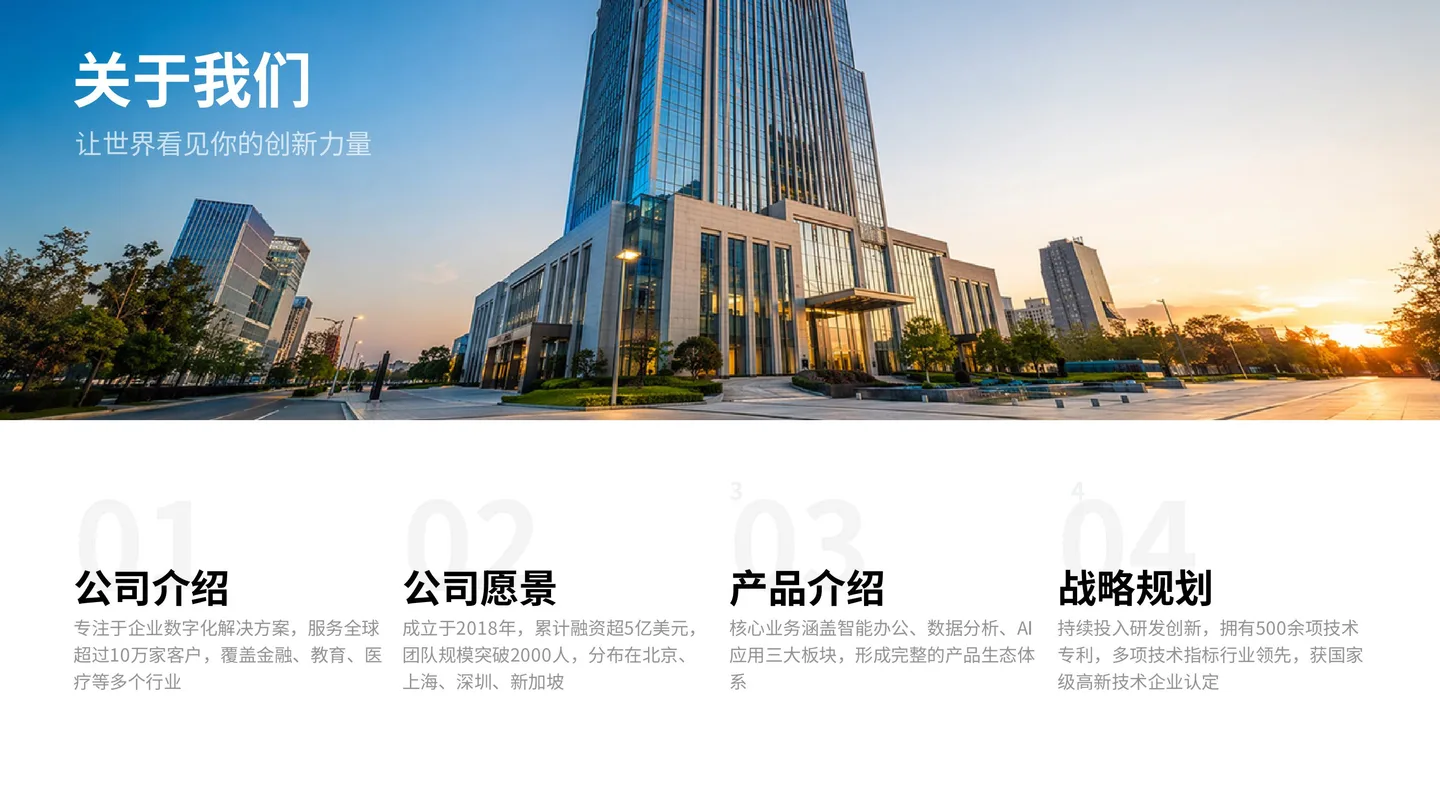 图片展示了公司介绍相关内容。上方是公司大楼夜景，下方有四个板块，分别是公司介绍，提到专注于企业数字化解决方案，服务全球超10万家客户；公司愿景，成立于2018年，累计融资超5亿美元；产品介绍，核心业务涵盖智能办公、数据分析、AI应用三大板块；战略规划，持续投入研发创新，拥有500余项技术专利。该图片与文档中介绍公司相关内容相契合，直观呈现了公司概况。