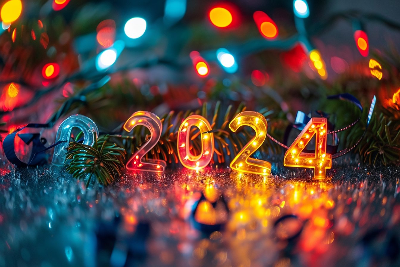 图片展示了一组带有灯光效果的“2024”数字装饰，数字被放置在松枝和彩带之间，背景是模糊的彩色光斑，营造出节日氛围。图片与上下文的关系为：在介绍Midjourney V6初体验版发布这一“圣诞惊喜”的文档中，图片通过节日元素，契合了文中提到的圣诞情境，以富有节日氛围的视觉效果，增强了Midjourney V6发布这一消息的喜庆氛围。