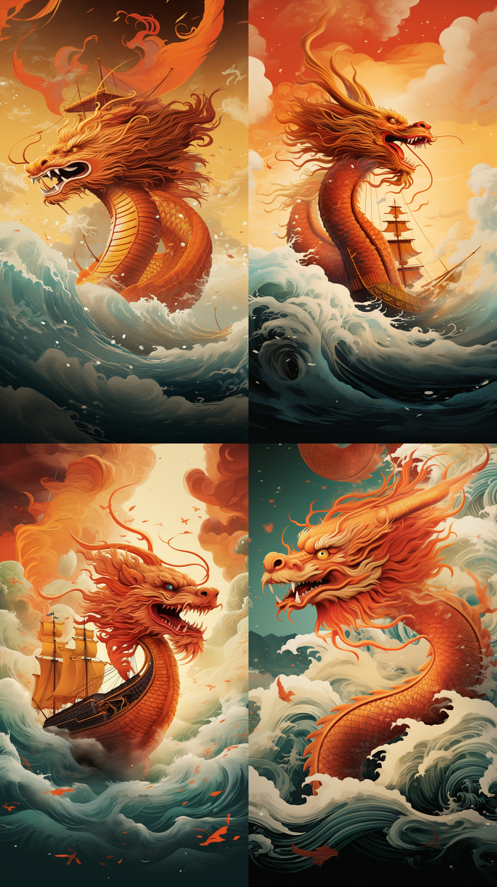 图片展示了Midjourney的V5.2版本（左侧两张图）和V6版本（右侧两张图）使用相同提示词生成的图像。均以橙红色巨龙在波涛汹涌的海面为主体，背景有船只、云朵等元素。V5.2版本图像风格更具创意和美感，色彩搭配和画面表现偏向艺术插画；V6版本则更显现实感，细节刻画更为精准，如巨龙的毛发、海浪纹理等，整体画面更逼真。此图直观呈现了两个版本在风格上的差异。