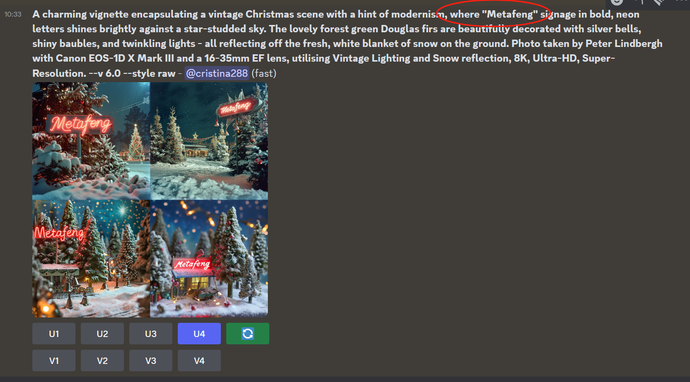 图片展示了MidJourney V6 Alpha版文本生成功能的示例效果，上方是提示词“A charming vignette encapsulating a vintage Christmas scene with a hint of modernism, where 'Metafeng' signage in bold, neon letters shines brightly against a star - studded sky...”，其中“Metafeng”被红圈标出。下方是根据提示词生成的四张复古圣诞场景图片，画面中有装饰精美的雪覆树木、雪景及亮着的“Metafeng”霓虹标识。这与上下文介绍MidJourney V6 Alpha版中启用文本生成功能及处理短文本效果的内容相呼应，直观呈现了生成效果。