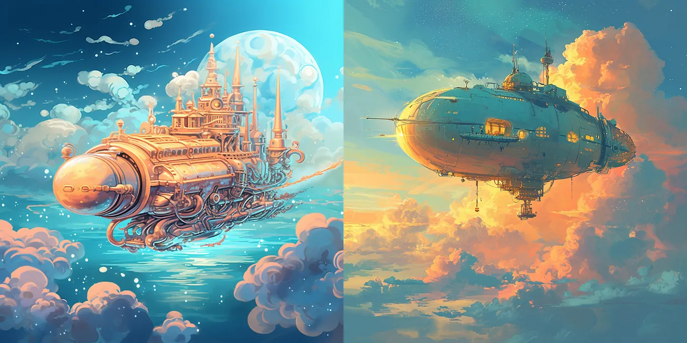 图片展示了Midjourney V5.2版本（左侧）和V6版本（右侧）在相同提示词下生成的图像。左侧V5.2版本图像中，是一艘带有城堡建筑的奇幻飞艇，风格偏向创意插画，色彩梦幻。右侧V6版本图像中，是一艘写实风格的飞艇，细节刻画精准，光影效果更显真实。该图片与上下文紧密相关，直观呈现了文档中对两个版本风格特点的描述，即V5.2擅长创意美感展现，V6主打现实感和细节精准描述。