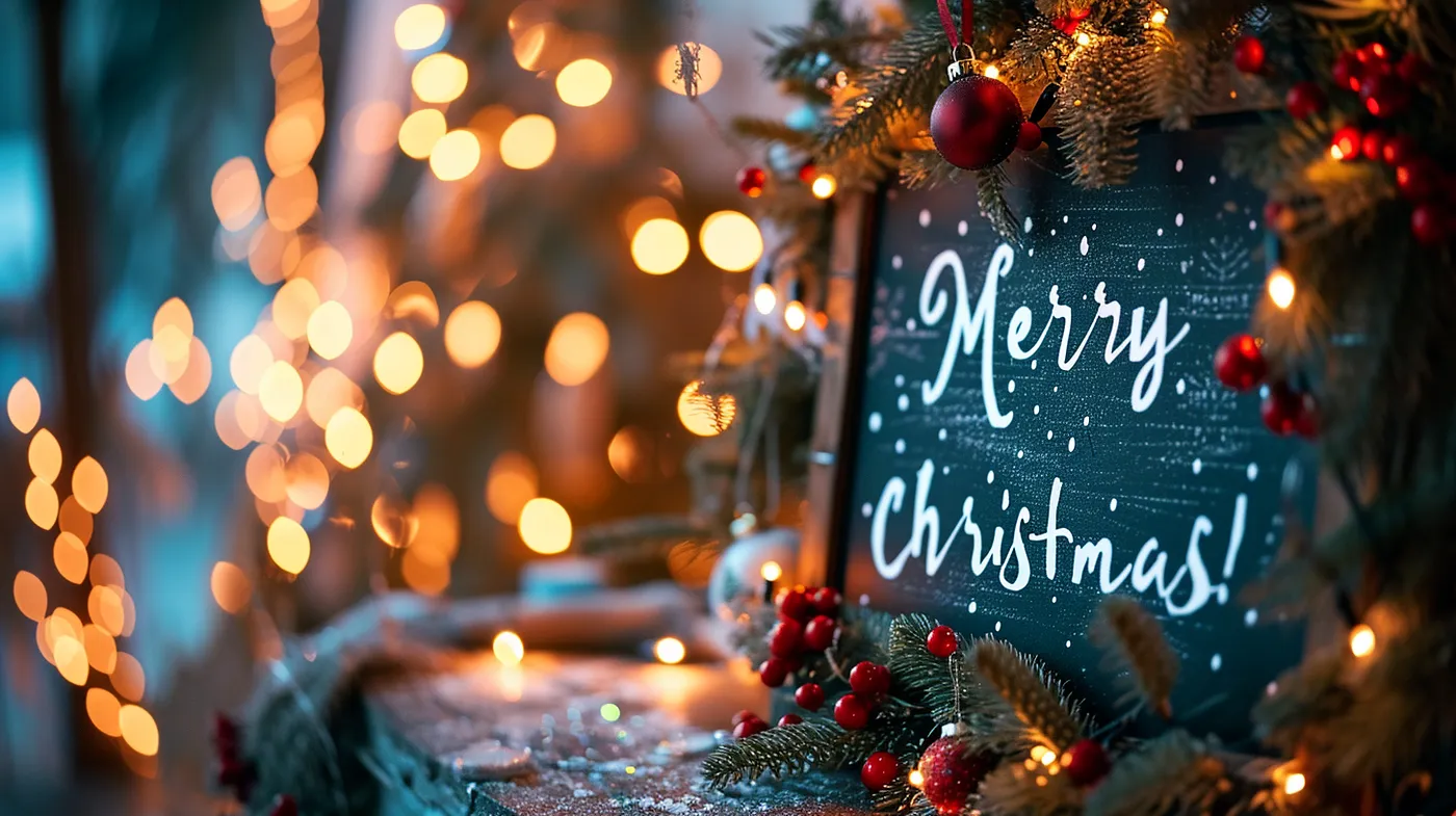 图片展示了一块写有“Merry Christmas!”字样的木板，木板周围装饰着松枝、红色浆果和圆球等圣诞饰品，背景有暖黄色的灯光形成光斑效果，营造出浓厚的圣诞氛围。这张图片是Mid - Journey V6 Alpha版文本生成功能的示例成果，对应上文提示词“Prompt:A photo of the text‘Merry Christmas!’written with chalk on a wooden board,Christmas decor around,beautiful lighting--ar 16:9--v 6--style raw”，直观呈现了该模型处理短文本的效果。