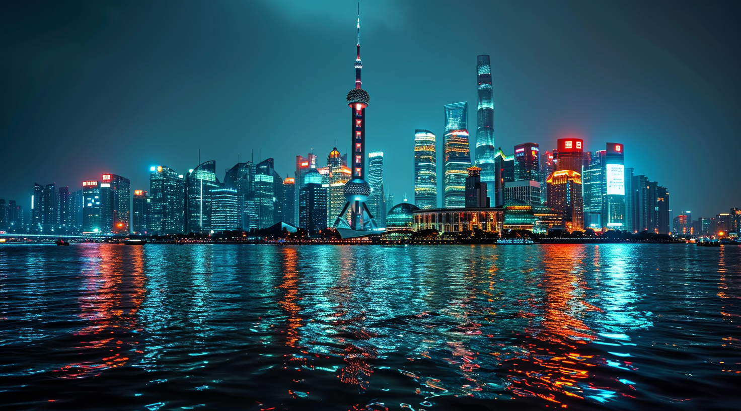 图片展现了上海外滩的夜景，东方明珠等高楼大厦在夜色中灯火辉煌，灯光映照在宽阔的黄浦江上，波光粼粼。画面色调偏暗，建筑上的亮灯部分尤为突出。这张图片是对前文提到的Midjourney V6可生成精彩图像的示例展示，直观呈现出V6在美术效果、光照处理等方面可能达到的出色成果，以实际图像体现其强大的图像生成能力。