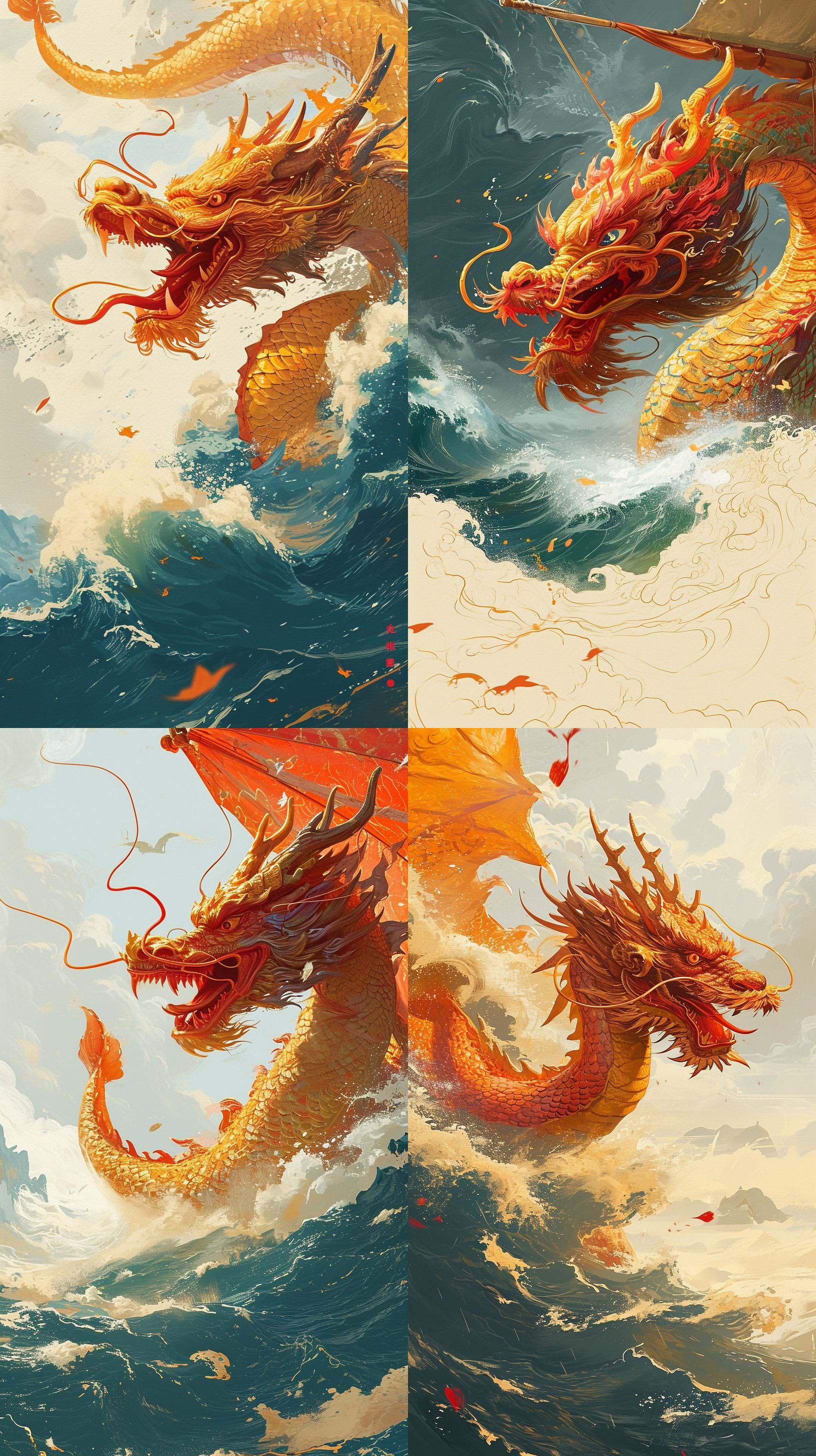图片展示的是Midjourney V5.2版本生成的四幅插画风格的龙图。画面中，金龙在海浪与云雾间翻腾，龙身鳞片、龙须等细节刻画细腻，色彩鲜艳，金色的龙与蓝白的海浪、橙红的飘絮形成鲜明对比，展现出强烈的视觉冲击力。龙的神态威严霸气，整体画面充满奇幻色彩和艺术美感。这组图用于与V6版本对比，体现出V5.2在插画风格上的优势。