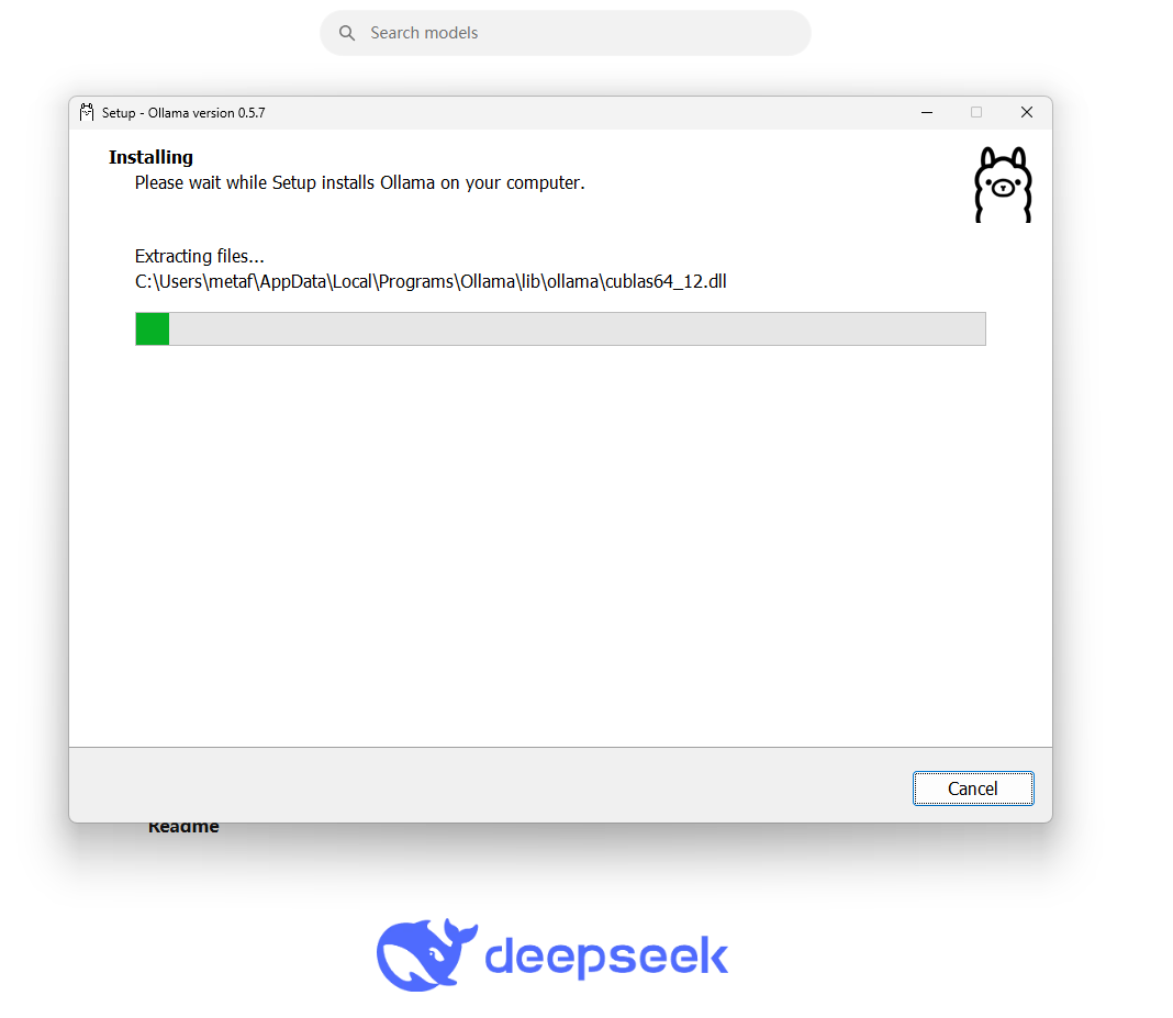图片展示的是Ollama安装过程中的界面。界面上方显示“Setup - Ollama version 0.3.7”，中间区域显示“Installing. Please wait while Setup installs Ollama on your computer.”，并在下方有文件提取路径“C:\Users\me\AppData\local\Programs\Ollama\lib\ollama\ublas64_12.dll”，同时有绿色进度条显示安装进度。右下角有“Cancel”按钮。这张图片与文档中“下载安装包之后，一直点击下一步安装即可”的上下文对应，直观呈现了安装时的状态。