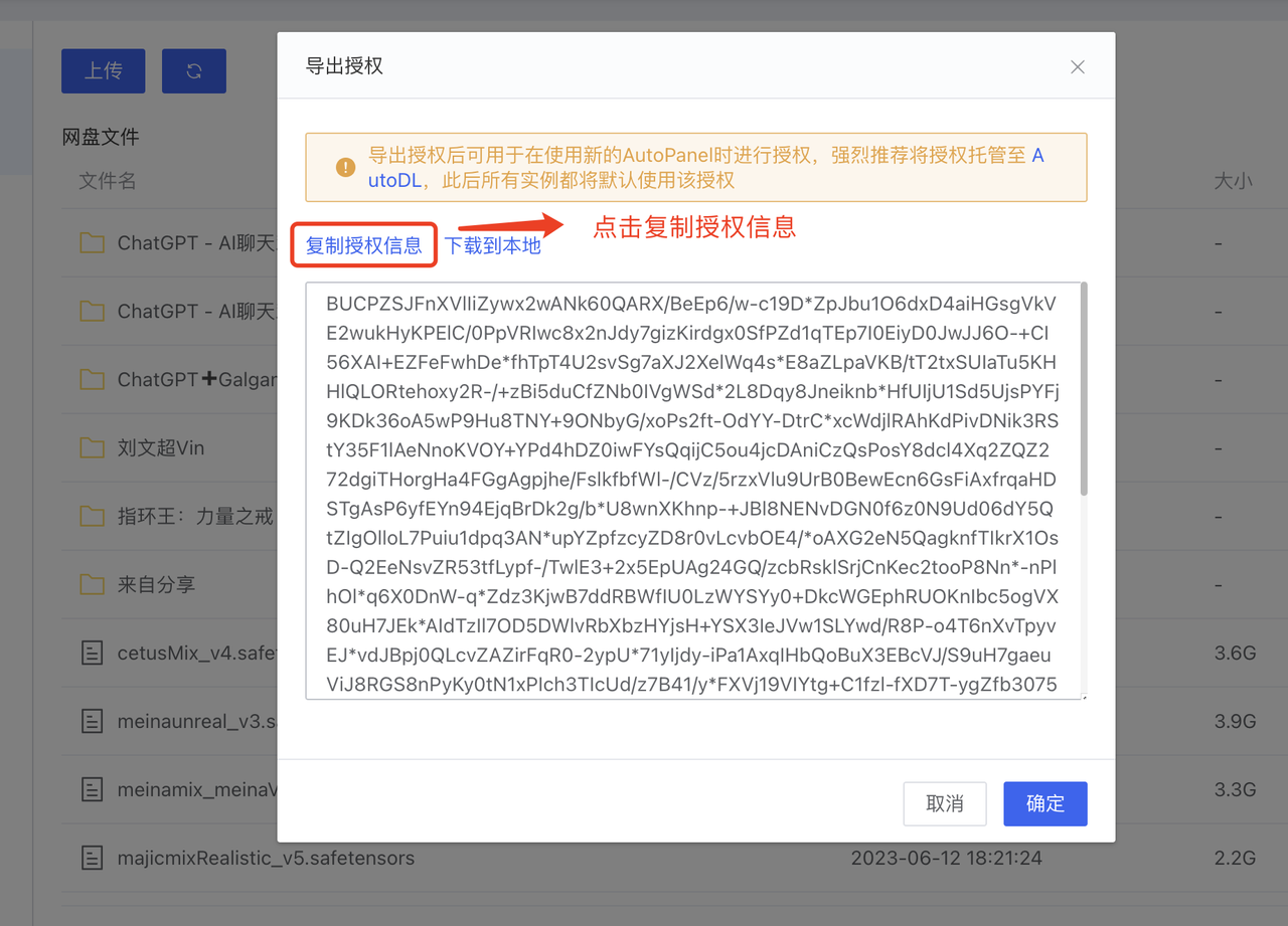 图片展示的是在AutoDL中导出授权的弹窗界面。弹窗标题为“导出授权”，下方有“复制授权信息”和“下载到本地”两个选项，其中“复制授权信息”被红色箭头突出指向。弹窗内显示了一段授权信息。该图片与上下文紧密相关，上下文提到在完成授权后，需点击导出授权，然后将授权信息复制出来，此图即展示了复制授权信息的操作界面，直观呈现了操作步骤中的关键环节。