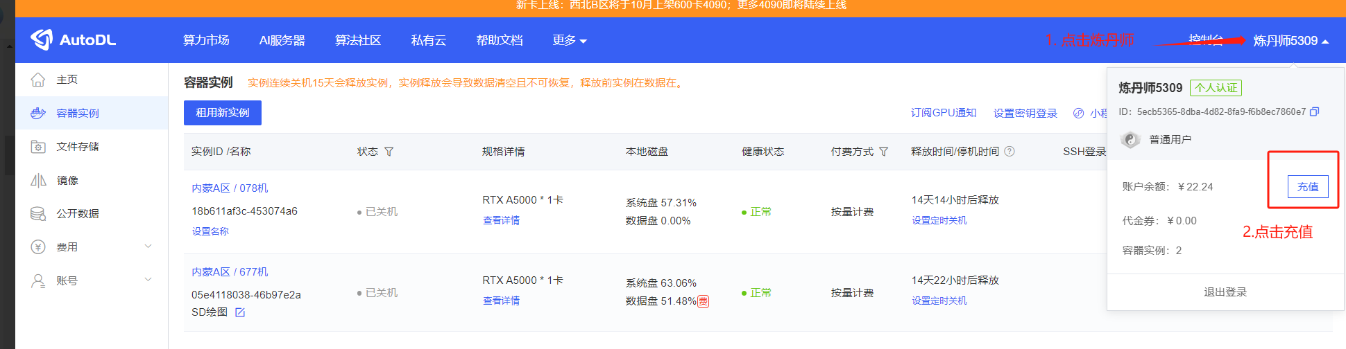图片展示的是AutoDL平台容器实例页面。页面左侧有导航栏，选中“容器实例”。右侧显示两个容器实例信息，分别为内蒙A区/078机和内蒙A区/677机，均处于已关机状态，配置为RTX A5000 - 1卡。右侧还显示了账户余额、代金券等信息，右下角有“充值”按钮。图片与上下文的关系是，上下文提到在创建AI绘画环境时，需点击“租用新实例”，此图即为租用新实例后的容器实例页面，用于后续选择镜像等操作。