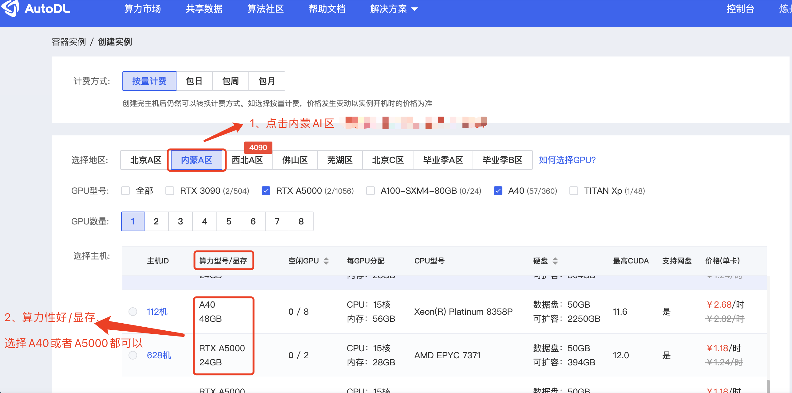 图片展示的是AutoDL平台创建实例页面。页面中，选择地区可选内蒙A区、西北A区等，GPU型号有RTX 3090、RTX A5000等，GPU数量可选1 - 8个。其中，A40和RTX A5000被红色框突出显示。页面右下角有“社区镜像”选项，点击后需在搜索框输入“rotbit”选择镜像。该图片与上下文关系紧密，是创建AI绘画环境时选择算力型号、地区等配置步骤的参考示例。