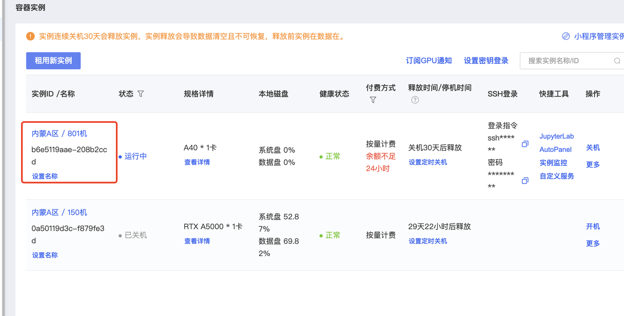 图片展示的是租用新实例后的容器实例页面。页面上方有“租用新实例”按钮，下方显示实例ID及名称、状态、规格详情、本地磁盘、健康状态、付费方式、释放时间/停机时间、SSH登录、快捷工具、操作等信息。其中，实例ID为b6e5119aaee...20b82ccdd，状态为运行中，规格为A40 * 1卡，本地磁盘系统盘0%、数据盘0%，健康状态正常，付费方式为按量计费，释放时间为24小时后，SSH登录信息有登录指令、登录密码等，快捷工具为JupyterLab、AutoPanel，操作为更多。此图与上文创建实例后跳转到的页面内容对应。