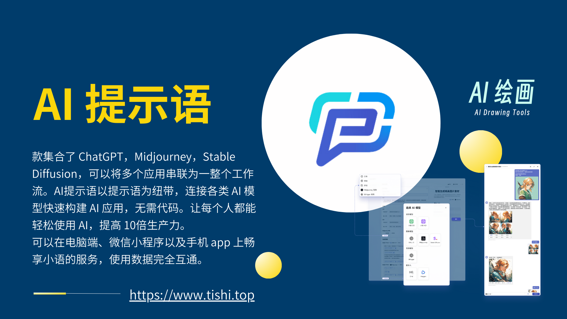 图片展示的是AI提示语相关介绍。左侧标题为“AI提示语”，下方文字介绍其集合了ChatGPT、Midjourney、Stable Diffusion，可串联为工作流，以提示语为纽带连接AI模型，无需代码，提高生产力。右侧有“AI绘画”标识及“AI Drawing Tools”字样。中间是AI提示语的图标。右侧还展示了电脑端、微信小程序及手机app上的AI提示语界面，底部有网址“https://www.tishi.top”。图片与上下文介绍的AI提示语功能相契合，直观呈现其应用形式。