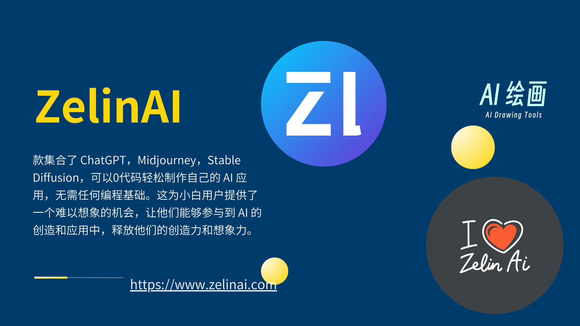 图片展示了ZelinAI的相关信息。左侧以黄色大字呈现“ZelinAI”，下方文字介绍其集合了ChatGPT、Midjourney、Stable Diffusion，可0代码轻松制作AI应用，无需编程基础，为小白用户提供机会参与AI创造和应用。右侧有“AI绘画”标识及“AI Drawing Tools”字样，下方是“https://www.zelinai.com”网址。右下角有一个黑色圆环，内有“I ❤️ Zelin Ai”字样及心形图案。图片与文档中介绍ZelinAI为小白用户提供AI应用创作机会的内容相呼应。