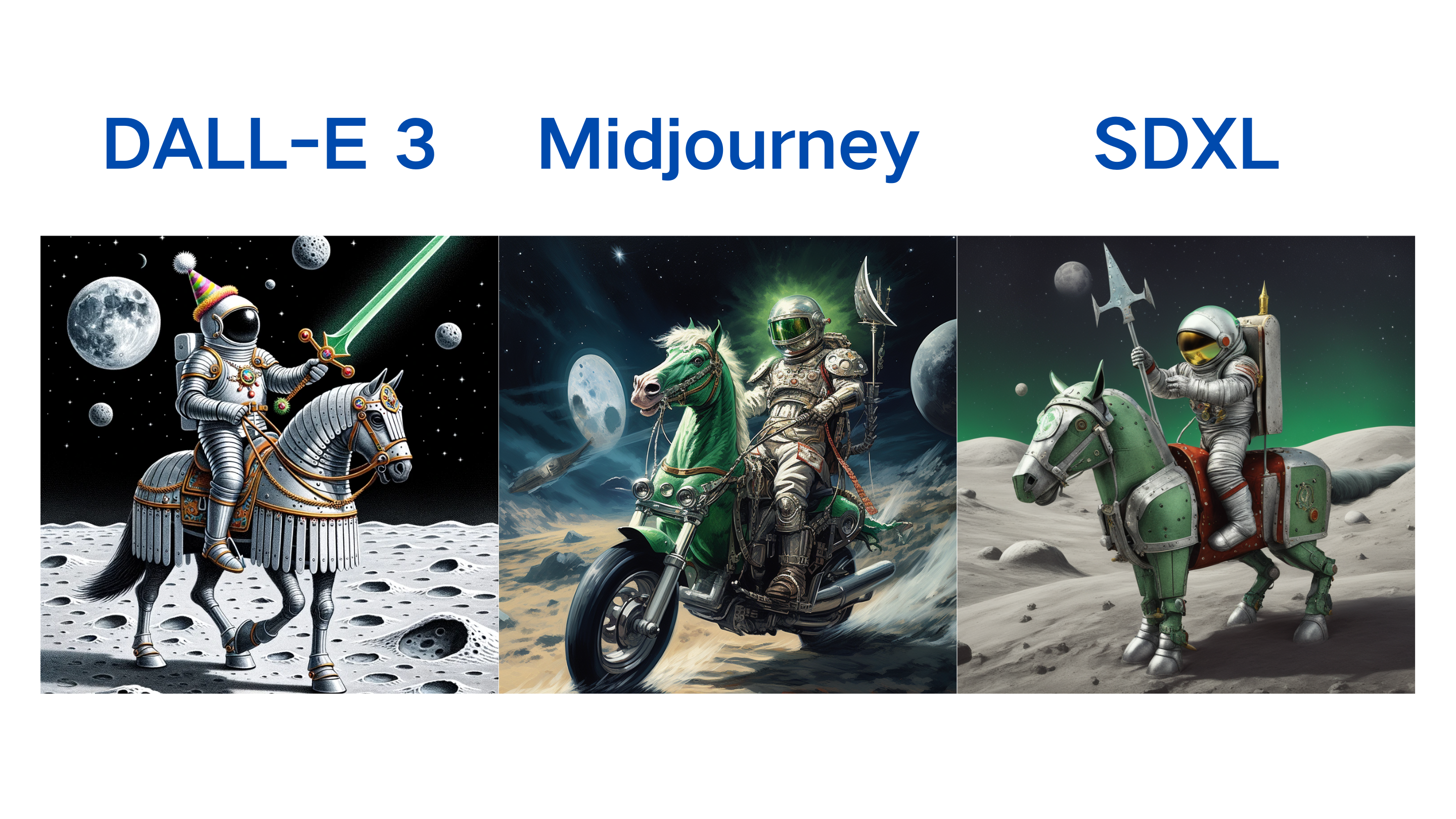 图片展示了DALL-E 3、Midjourney和SDXL三种绘画器在连贯性测试中的表现。左侧是DALL-E 3的画作，宇航员骑着钢马，背景为月球表面；中间是Midjourney的画作，宇航员骑着摩托车，背景有月亮；右侧是SDXL的画作，宇航员骑着马，手持长矛，背景为月球表面。三幅画作均符合提示词要求，但DALL-E 3的画作与提示词中“派对帽”“绿色剑”等细节较为契合，展示了其连贯性优势。