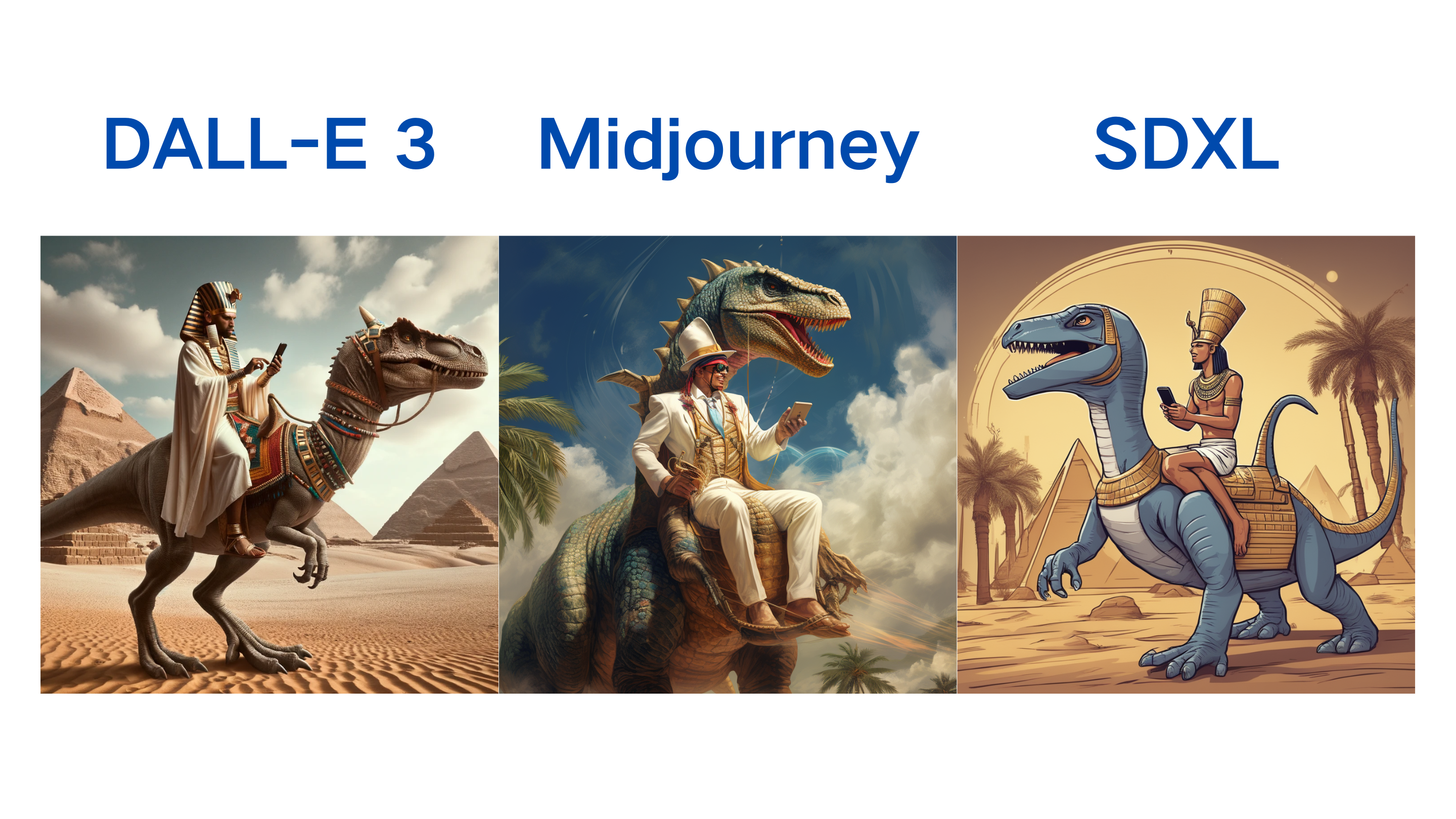 图片展示了DALL-E 3、Midjourney和SDXL三种AI图像生成器对“古埃及法老骑着恐龙使用现代智能手机”这一Prompt的生成结果。DALL-E 3画面中法老骑着恐龙，背景有金字塔；Midjourney画面中法老骑着恐龙，背景有棕榈树；SDXL画面中法老骑着恐龙，背景有棕榈树和金字塔。该图与上下文紧密相关，直观呈现了三种AI生成器的表现，对比其对复杂场景的处理能力。
