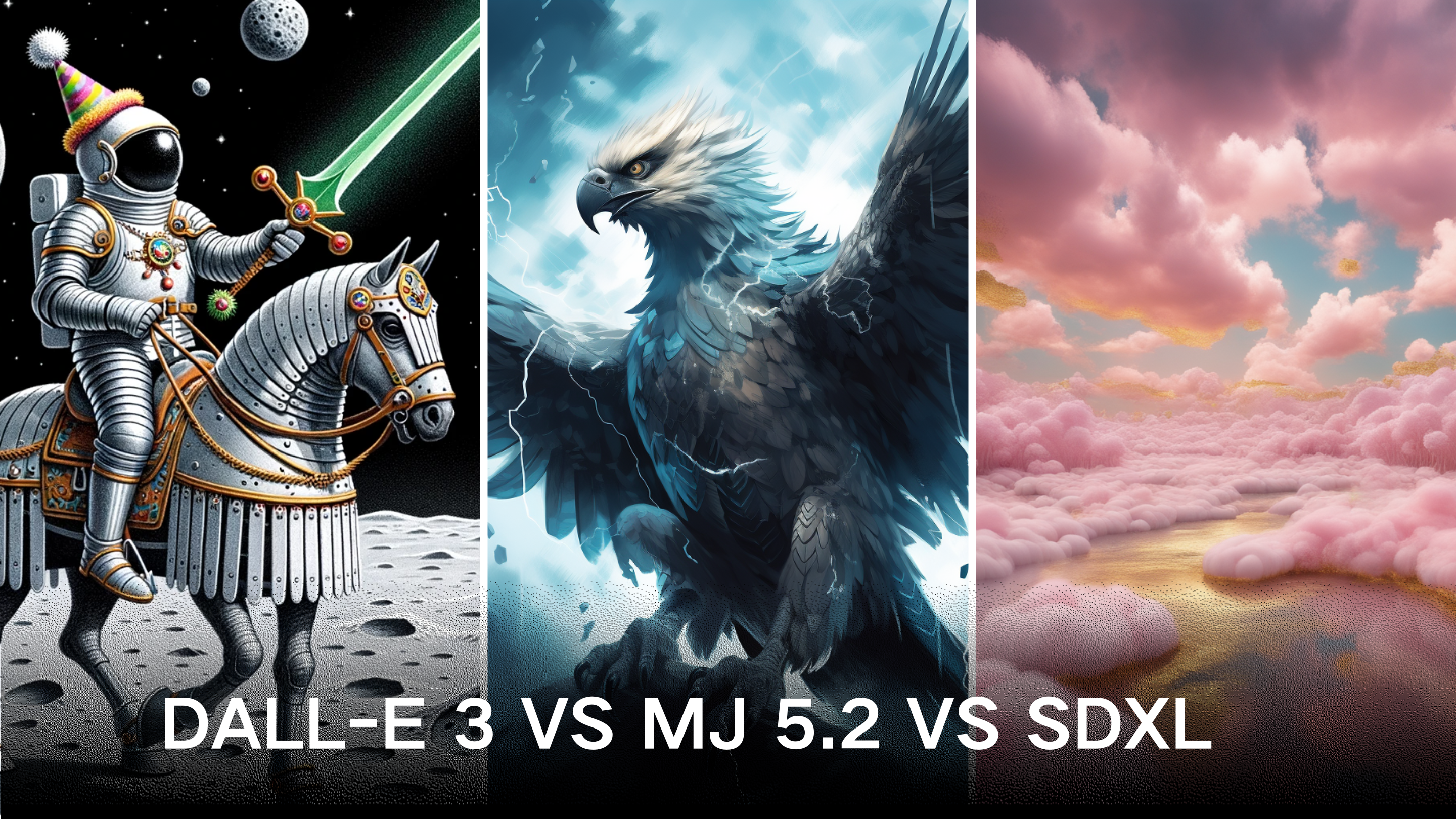 图片展示了DALL-E 3、MJ 5.2和SDXL三种AI绘画器生成的图像。左侧DALL-E 3图像中，宇航员身着中世纪盔甲，头戴派对帽，手持绿剑，骑着钢马在月球上；中间MJ 5.2图像为一只展翅的鹰，背景有闪电；右侧SDXL图像呈现粉蓝渐变天空，云层与地面相接。图片下方文字“DALL-E 3 VS MJ 5.2 VS SDXL”表明这是三种绘画器的对比展示，与上文提到的使用六种提示词比较三种绘画器，看看哪一种能产生最佳结果相呼应。