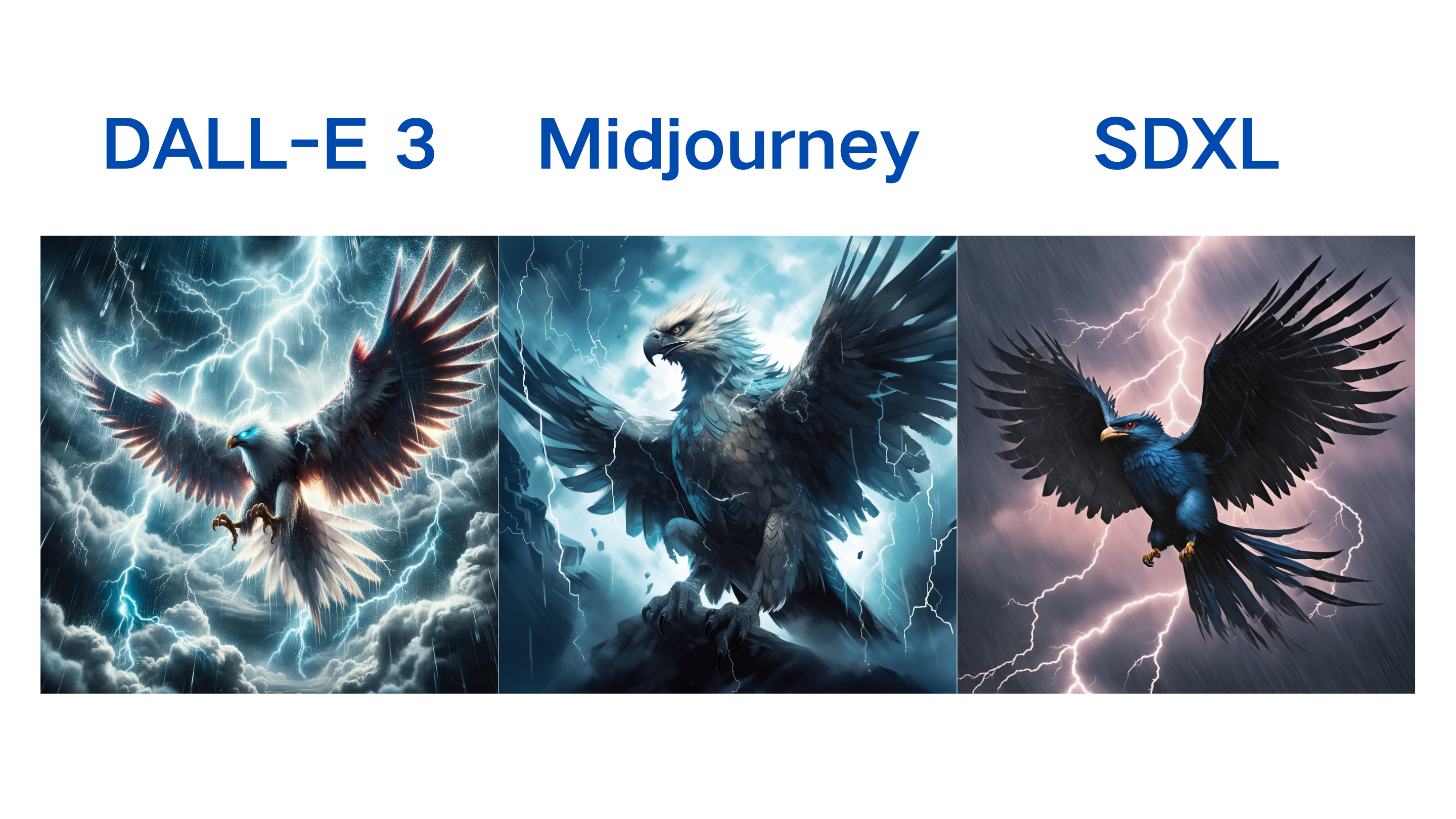 图片展示了DALL-E 3、Midjourney和SDXL三种AI模型生成的“雷鸟”图像。左侧DALL-E 3生成的图像中，雷鸟展翅飞翔，背景是闪电和乌云；中间Midjourney生成的图像，雷鸟站立于岩石上，背景有闪电和冰霜效果；右侧SDXL生成的图像，雷鸟展翅，背景是闪电和紫色云层。图片与上下文紧密相关，直观呈现了三种模型在生成“雷鸟”图像方面的表现，辅助说明最终Midjourney夺魁的情况。