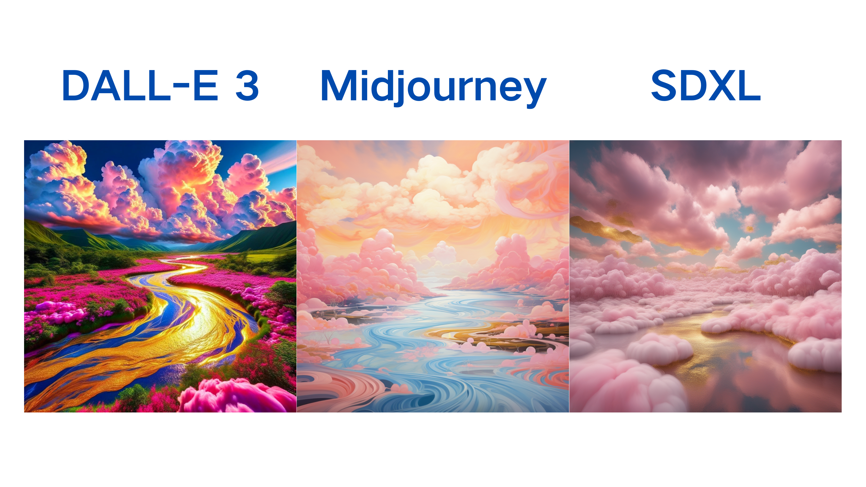 图片展示了DALL-E 3、Midjourney和SDXL三种AI模型生成的超现实景观图像。左侧DALL-E 3图像中，云朵由棉花糖组成，河流流淌着液体黄金，色彩鲜艳；中间Midjourney图像中，云朵同样由棉花糖组成，河流为蓝色液体，色彩柔和；右侧SDXL图像中，云朵由粉色棉花糖组成，河流为液体黄金，色彩梦幻。该图与上下文关系紧密，直观呈现了三种模型在实现梦幻般风景、云朵由棉花糖组成、河流流淌液体黄金等创意方面的表现。