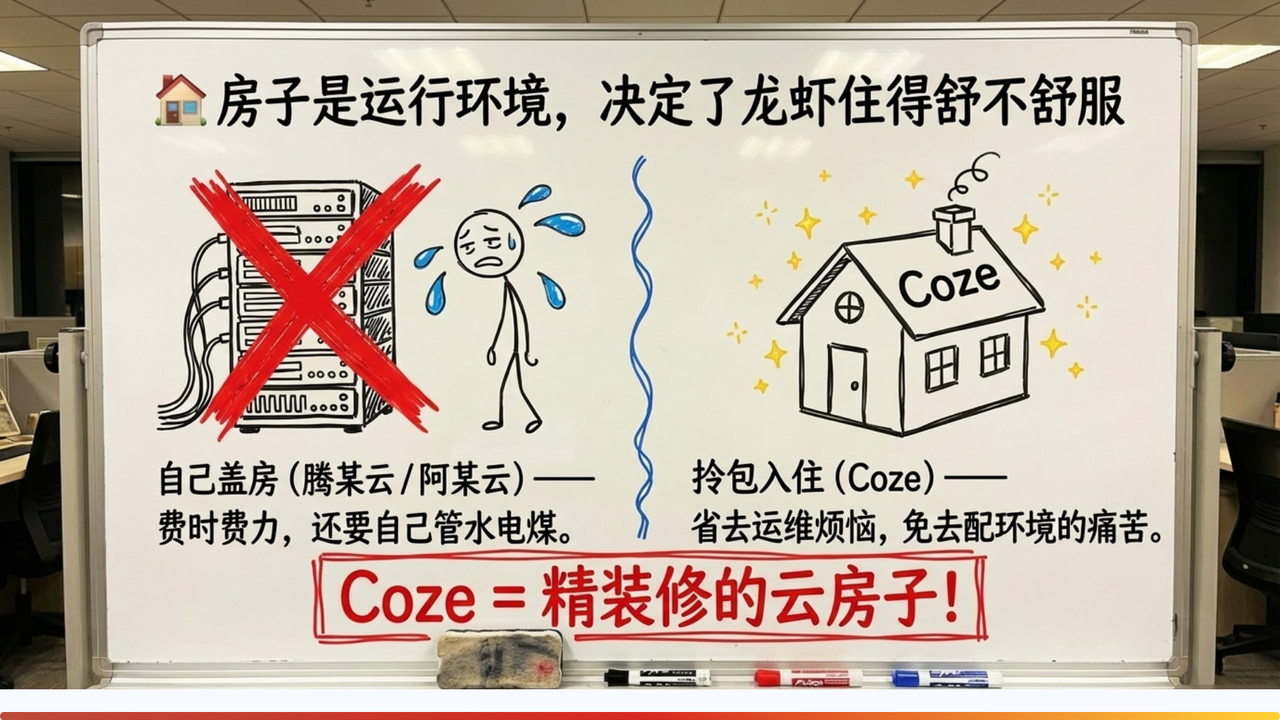 图片是一块白板，左侧画有自己盖房的图示，标注“自己盖房（腾某云/阿某云）——费时费力，还要自己管水电煤。”右侧画有Coze的房屋图示，标注“拎包入住（Coze）——省去运维烦恼，免去配环境的痛苦。”下方红框内写着“Coze = 精装修的云房子！”白板上方文字为“房子是运行环境，决定了龙虾住得舒不舒服”。该图片与文档中介绍Coze平台优势的内容相关，直观呈现了自己盖房与拎包入住的区别，强调Coze平台的便捷性。