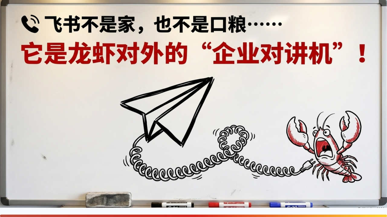 图片是一块白板，上方文字为“飞书不是家，也不是口粮……它是龙虾对外的‘企业对讲机’！”。白板中间画有一只张开大嘴的龙虾，龙虾的尾巴末端连接着一个纸飞机。这张图片与文档中介绍飞书作为龙虾“对外电话”的内容相关，通过形象的纸飞机和龙虾形象，直观地传达了飞书作为企业沟通工具，能让龙虾（AI）与外界进行信息传递和交流，实现随时随地与龙虾聊天、派活的功能。