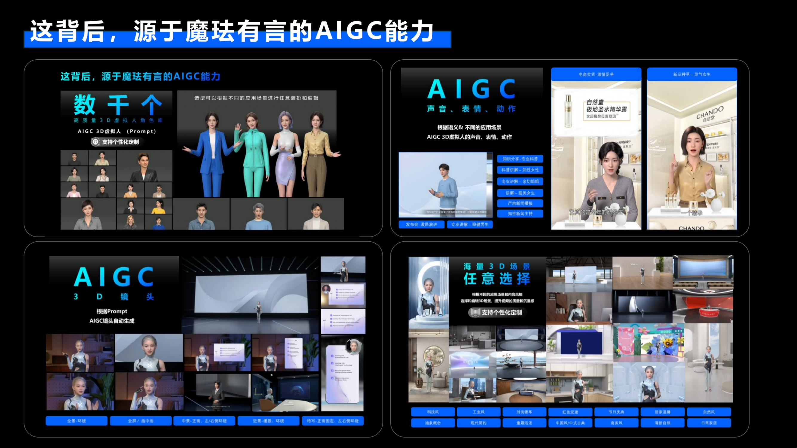 图片展示了有言AIGC平台制作AI视频的功能和优势。左侧展示了平台提供的3D人物模型和场景，用户可以根据需要自由选择和调整。右侧则展示了平台提供的专业视频制作质量，包括镜头控制、人物动作指导、光线和背景调整等。图片在上下文中起到直观展示平台功能和优势的作用，帮助用户更好地理解有言AIGC平台在AI视频制作方面的强大能力。