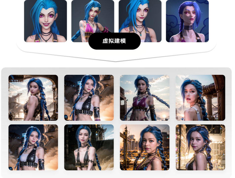 图片展示了多个蓝发女性角色的虚拟建模形象。上方一排有四张不同姿态和表情的角色头像，下方两排共八张图片则呈现了角色在不同场景下的全身造型，角色身着时尚的服饰，背景多为科幻风格场景。图片位于“SD云端版本”文档中“场景案例”部分的“虚拟建模人”小标题下，直观呈现了虚拟建模的成果，是对该场景案例的视觉展示。