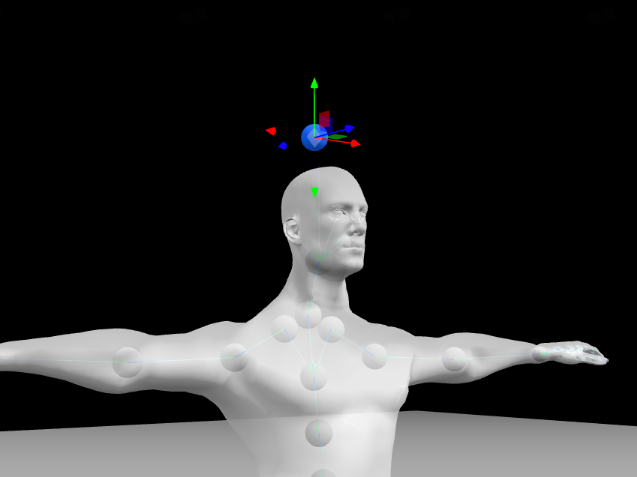 图片展示了SD云端版本姿势生图功能中的3D人体模型。人体头顶上方有一个蓝色中心球，周围有彩色的定位线（横向x轴、纵向y轴、竖向z轴）。人体身上分布着多个灰色关节球。根据上下文，点住蓝色小球拖动可360度切换视角和角度，点击蓝色小球可触发定位线并拖动人体位置；点击灰色关节球会出现圆形线，可调整不同角度，每个灰色小球都能作为点位对身体部位和局部关节进行灵活调整。