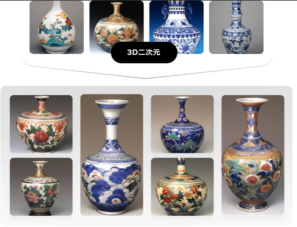 图片展示了多款工艺品花瓶，有不同的造型和装饰图案。上排从左至右有绘有彩色花卉图案的花瓶、装饰有多彩花朵的花瓶、蓝白相间带双耳的花瓶以及蓝白花纹的细长花瓶。下排展示的花瓶同样各具特色，图案包括花卉、云纹等。图片中间有“3D二次元”标识。此图位于文档中“工艺品设计”场景案例部分，直观呈现了SD云端版本在工艺品设计方面可能涉及的成果或案例，展示了花瓶设计的多样性。
