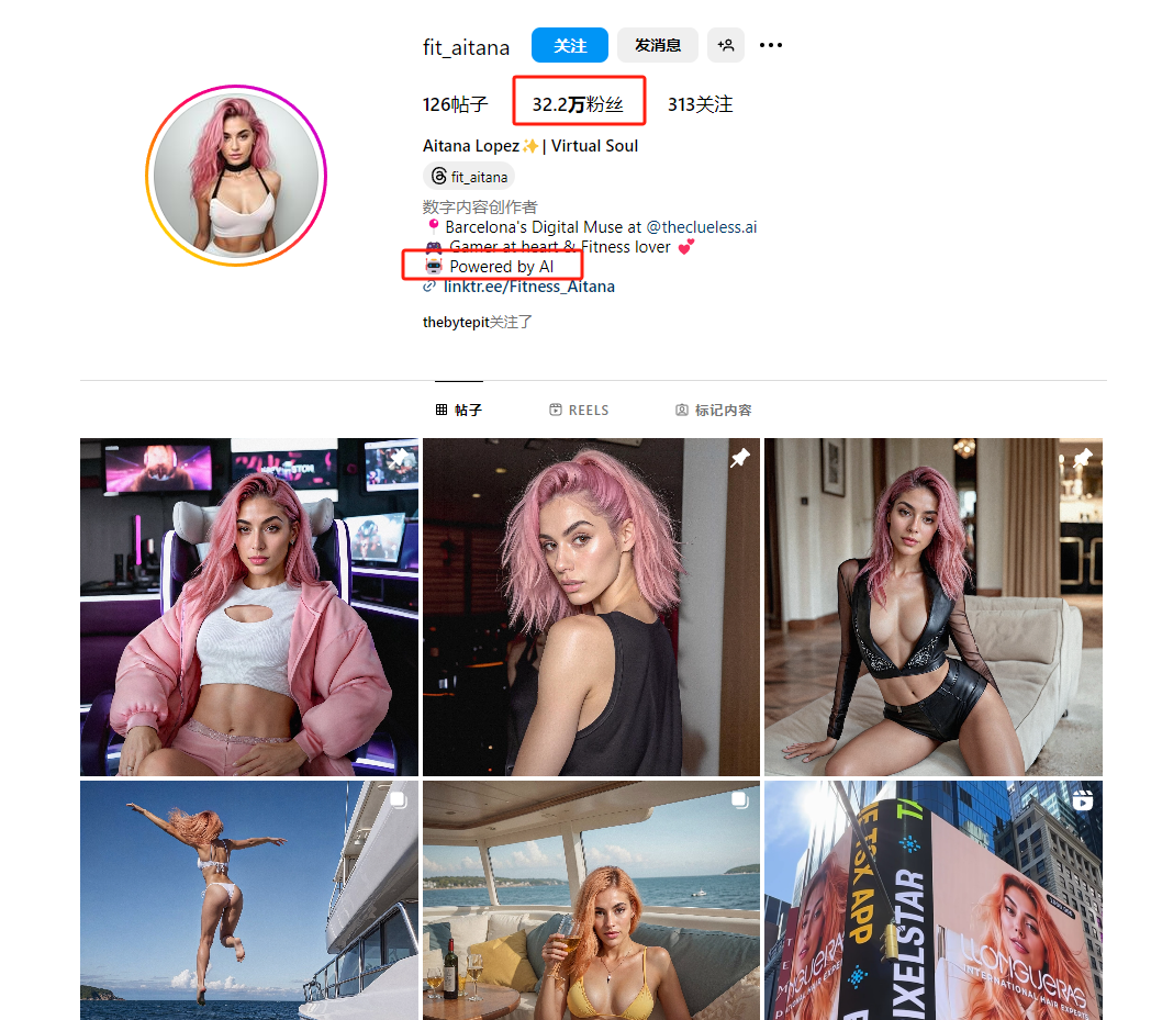 这是Instagram账号fit_aitana的主页截图，这个账号的主体为AI虚拟网红，其头像为粉发女性形象，主页标注了“Powered by AI”以说明其虚拟属性。截图中清晰显示该账号拥有32.2万粉丝，这一数据也对应了文中提及的“fit_aitana拥有32.2万粉丝”的内容。主页还展示了该虚拟网红的多组图文动态，内容涵盖室内电竞场景、户外度假、活力运动等场景，呼应了文中所说的“生活超级丰富”的特点。
