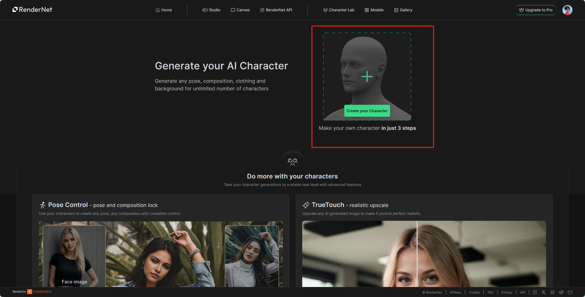 图片展示的是RenderNet平台的主菜单界面。界面上方有“Home”“AI Studio”“Canvas”“RenderNet API”“AI Character Lab”“Models”“Gallery”等导航栏。中间部分以白色背景突出显示“Generate your AI Character”及“Make your own character in just 3 steps”字样，下方有“Create your Character”按钮。下方还展示了“Pose Control - pose and composition lock”和“TrueTouch - realistic upscale”等功能板块。该图片与上下文关系紧密，直观呈现了通过点击“创建您的角色”按钮进入角色创建流程的操作界面。