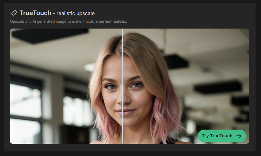 图片展示了RenderNet的TrueTouch功能，用于将AI生成图像升级为逼真效果。画面中，左侧为原始AI生成图像，右侧是升级后的图像，右侧图像细节更加丰富，色彩更自然。右下角有“Try TrueTouch”按钮。该图片与上下文紧密相关，上下文提到TrueTouch能彻底改变AI生成的人像，通过添加逼真细节和纹理，使图像更加真实，还能将图像放大至原始分辨率的3倍，专注于角色而不修改背景。