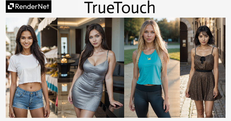 这张图片展示了RenderNet平台下的TrueTouch功能效果示例，呈现了四位经过不同形象设计的AI虚拟女性形象，分别展现了休闲风、精致风、活力运动风、复古小礼服风格的造型。结合上下文可知，该图片是用来说明TrueTouch功能可对AI生成的虚拟人物图像进行优化，以此实现提升图像真实感、强化细节的效果，和文档中介绍TrueTouch可增强图像纹理与皮肤细节的内容相呼应。