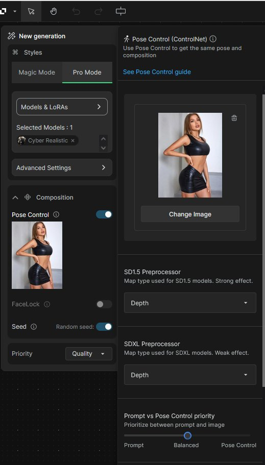 这张图片展示了AI绘画工具RenderNet的操作界面，具体对应文档中介绍Pose control功能的示例部分。界面左侧呈现了已设置的模特人体姿势示例，开启了Pose Control功能，还可调整Facelock、Seed等选项，当前优先选择了Prompt生成内容；右侧则显示对应的模特姿势图，用户可点击“Change Image”更换姿势，同时还提供了SD1.5 Preprocessor、SDXL Preprocessor的类型选择，以及可切换的Prompt与Pose Control优先级选项。