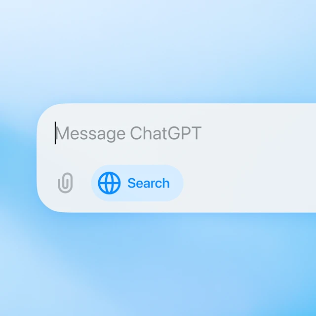 图片展示的是ChatGPT界面，背景为渐变的蓝绿色。界面中有一个输入框，上方显示“Message ChatGPT”，下方有“Search”按钮，按钮左侧有一个蓝色的地球图标。该图片与文档中“Day 08 ChatGPT搜索”内容相关，直观呈现了ChatGPT的界面样式，可能用于辅助说明或展示ChatGPT在搜索功能方面的操作界面。
