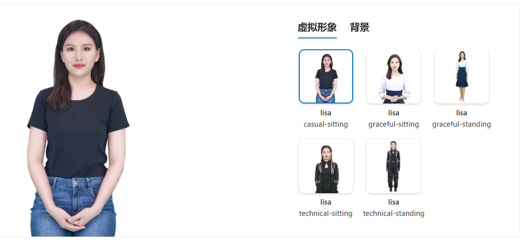这张图片展示的是微软数字人相关的内容，呈现了名为lisa的数字人不同虚拟形象选项，分别为casual-sitting（休闲坐姿）、graceful-sitting（优雅坐姿）、graceful-standing（优雅站姿）、technical-sitting（技术坐姿）、technical-standing（技术站姿）的多种虚拟形象，还可选择对应这些形象的背景，用于创建视频内容或开发相关互动应用程序，其中选中的casual-sitting形象为穿黑色T恤与牛仔裤的坐姿女性，契合定制版文本转语音头像的相关功能展示。