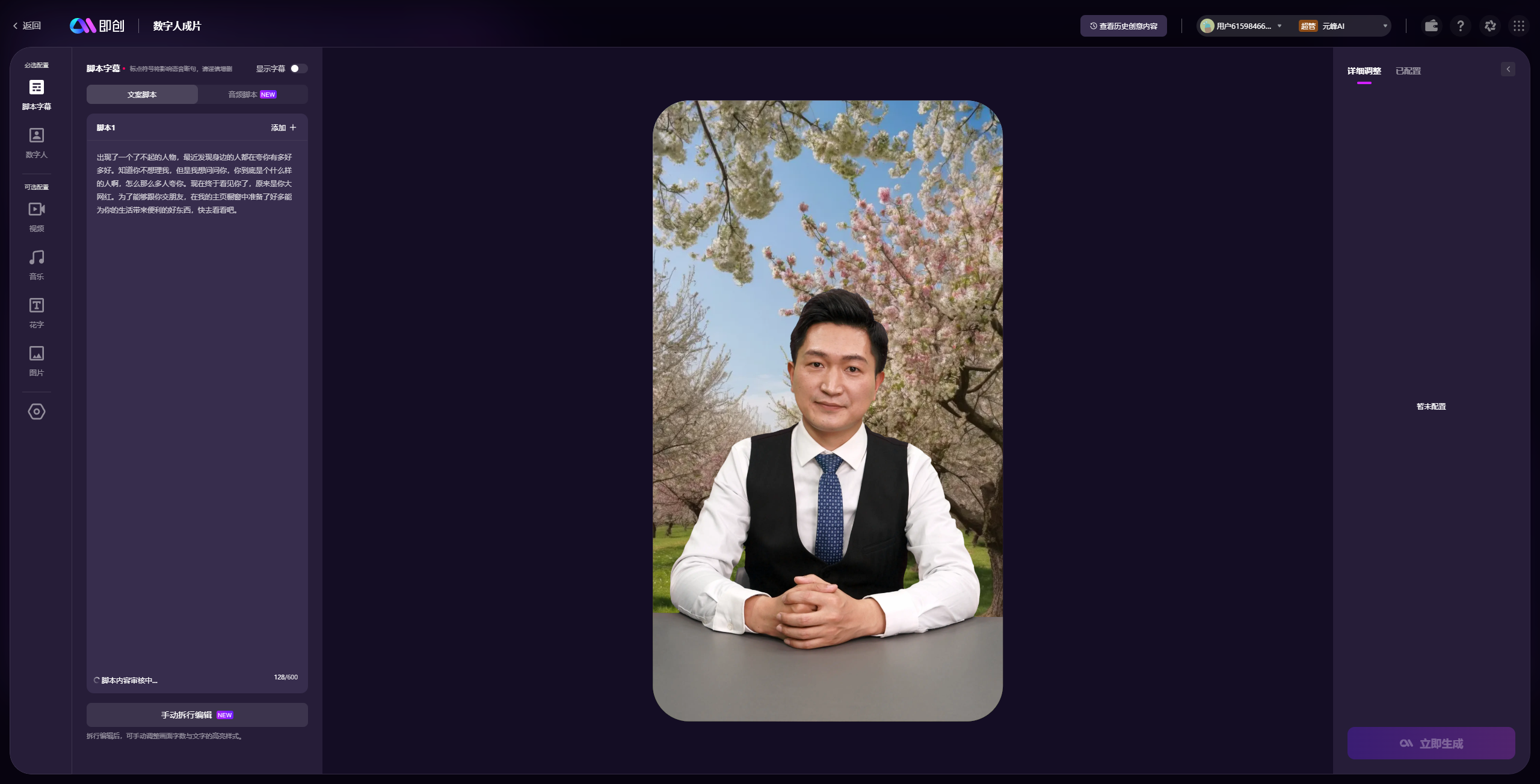 图片展示了一款AI数字人制作软件的界面，界面中间显示一位身着白衬衫、黑背心并系着蓝色领带的男性数字人形象，背景为户外有盛开花朵的场景。左侧有相关操作选项及文字内容。结合上下文，此图片应与前文所提到的AI数字人相关，可能是用于展示制作AI数字人（如AI“鼓励师”）的工具或成果，与AI数字人在视频号营业等内容相呼应。