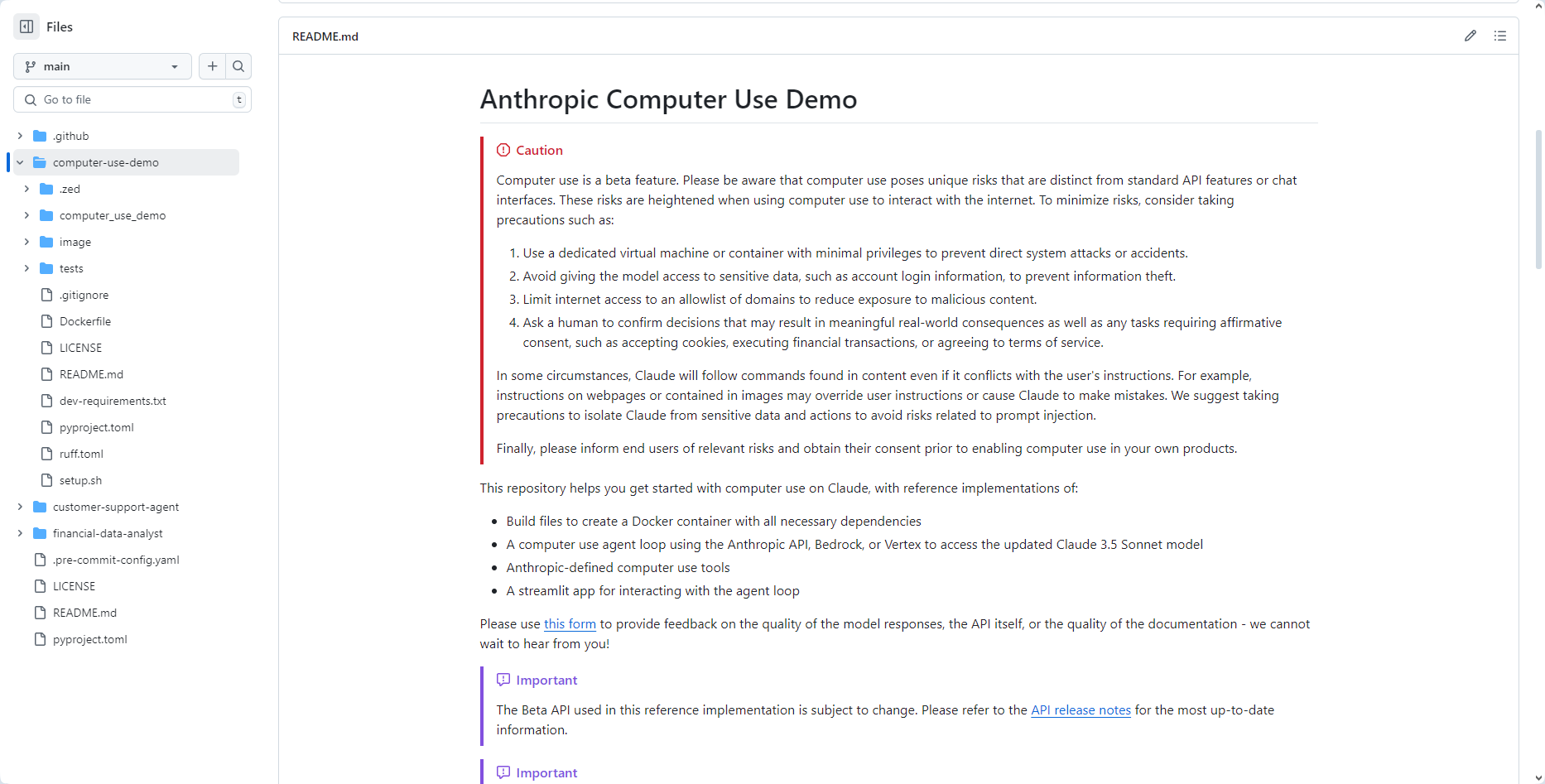 图片展示的是Anthropic Computer Use Demo的相关内容。左侧是文件目录，包含main、github、zmd、Computer_use_demo等文件夹及README.md等文件。右侧是README.md文档，标题为“Anthropic Computer Use Demo”，内容包含使用注意事项、安全建议、参考实现等，如使用专用虚拟机或容器、避免访问敏感数据、限制互联网访问范围等。该图片与文档中介绍Anthropic Computer Use功能的上下文相关，是对文档中部分内容的直观呈现。