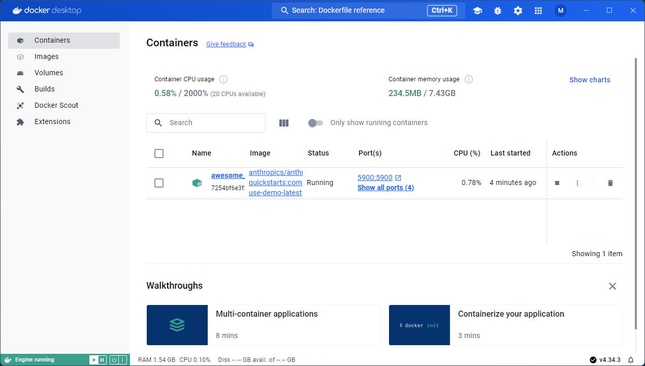 图片展示的是Docker Desktop的容器管理界面。左侧导航栏选中“Containers”。右侧显示容器CPU使用率为0.58%，内存使用率为234.5MB / 7.43GB。列表中有一个正在运行的容器，名称为“awesome”，镜像为“anthropic/anthropic-quickstarts.com:use-demo-latest”，状态为Running，端口为5900，CPU使用率为0.78%，启动时间为4分钟前。该图与文档中启动Docker并访问http://localhost:8080后在侧边栏输入API Key的操作步骤相关，展示了容器运行情况。