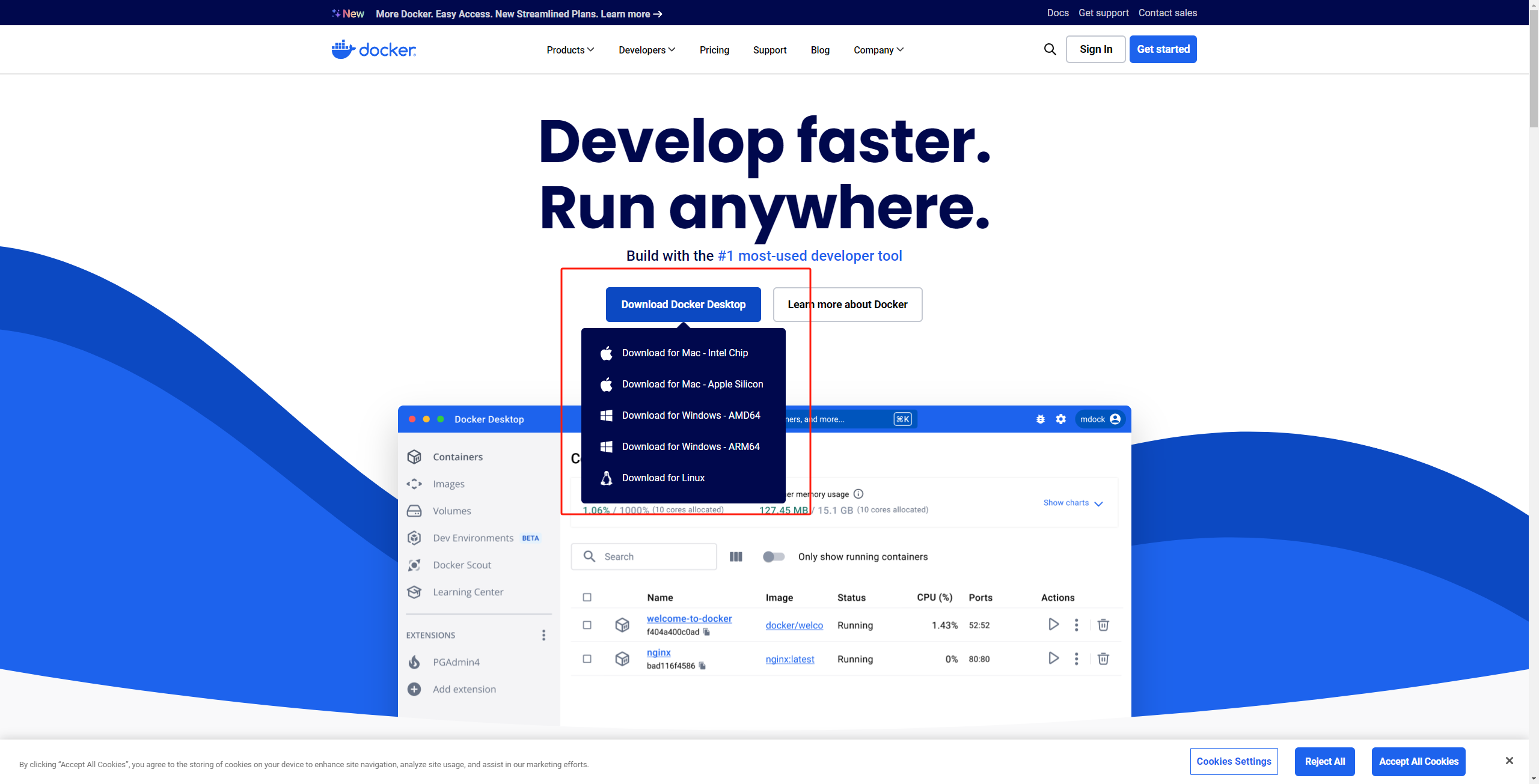 图片展示了Docker官网页面，页面上方有导航栏，中间大标题为“Develop faster. Run anywhere.”。页面中部有“Download Docker Desktop”按钮，下方列出不同操作系统版本的下载选项，如“Download for Windows - ARM64”等。页面右侧有容器、镜像、卷等图标及对应说明，底部有“Cookies Settings”“Accept All Cookies”按钮。图片与上下文关系紧密，直观呈现了安装Docker前需下载安装包的官网页面，辅助说明安装Docker的步骤。