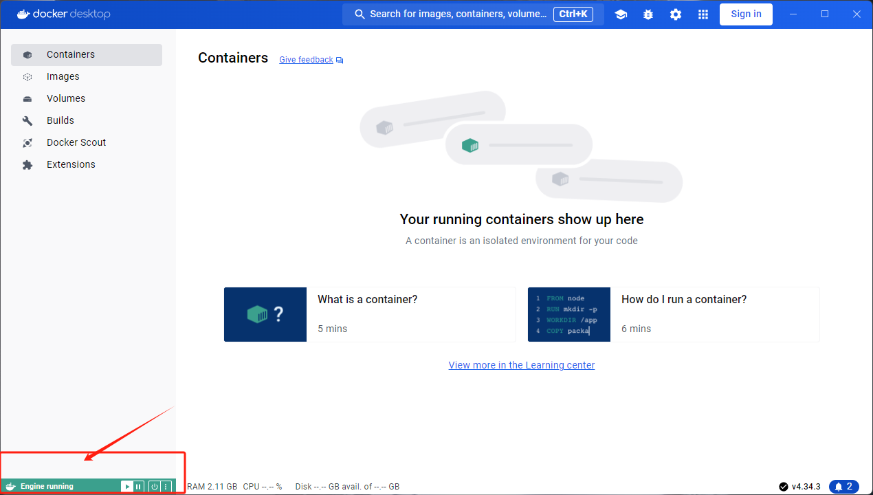 图片展示了Docker Desktop的界面，左侧导航栏选中“Containers”。画面中显示“Your running containers show up here”，并有“Engine running”字样，下方有三个图标，分别是“Stop”“Pause”“Restart”。该图片与文档中“启动Docker”部分内容相关，用于说明在Docker Desktop中启动Docker后，可在此界面查看运行容器的状态，以及对容器进行操作。