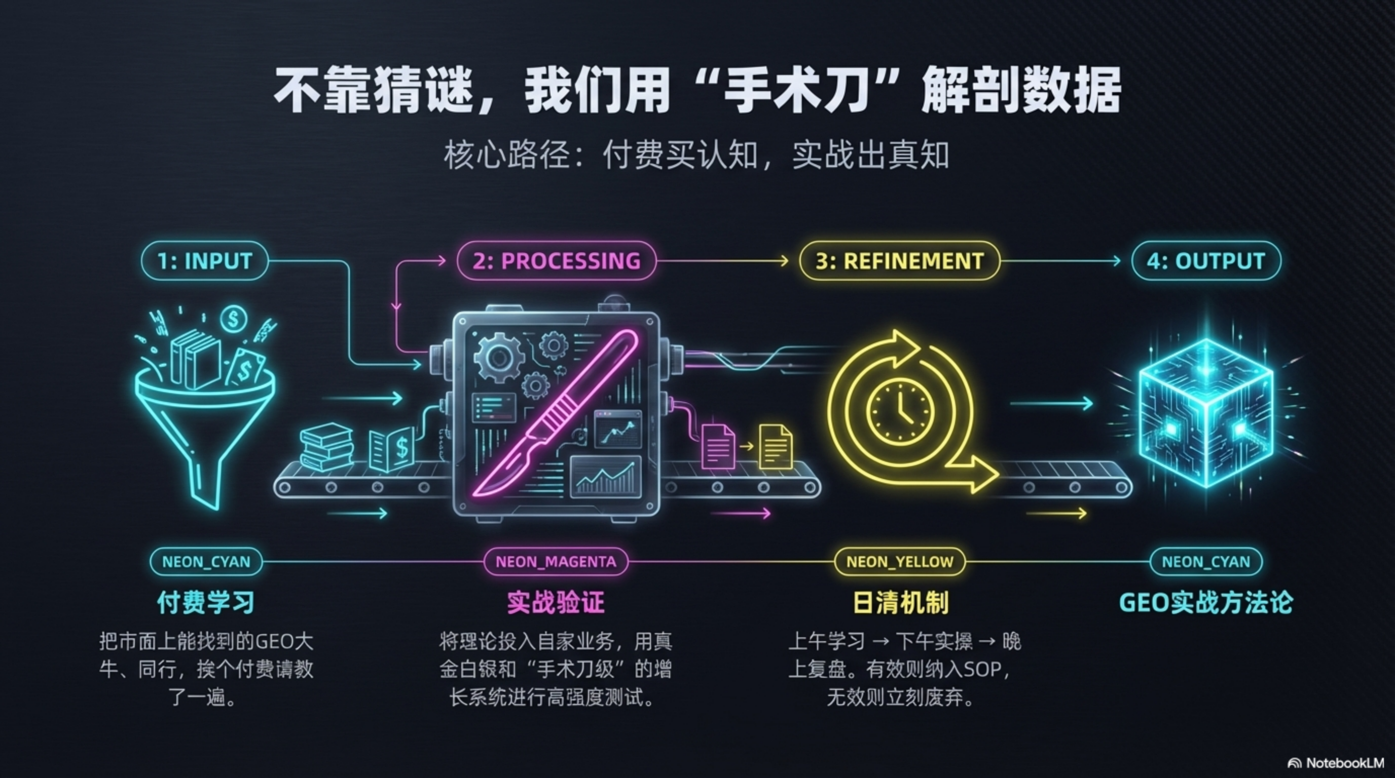 图片展示了元峰团队的“GEO实战方法论”，核心路径为“付费买认知，实战出真知”。分为四个步骤：1. INPUT，付费学习，把市面上能找到的GEO大牛、同行，挨个付费请教；2. PROCESSING，实战验证，将理论投入实操业务，用真金白银和“手术刀级”的增长系统进行高强度测试；3. REFINEMENT，日清机制，上午学习下午实操，晚上复盘，有效则写入SOP，无效则立刻废弃；4. OUTPUT，GEO实战方法论。图片与上下文紧密相关，直观呈现了团队在流量焦虑中打破困境的方法论。