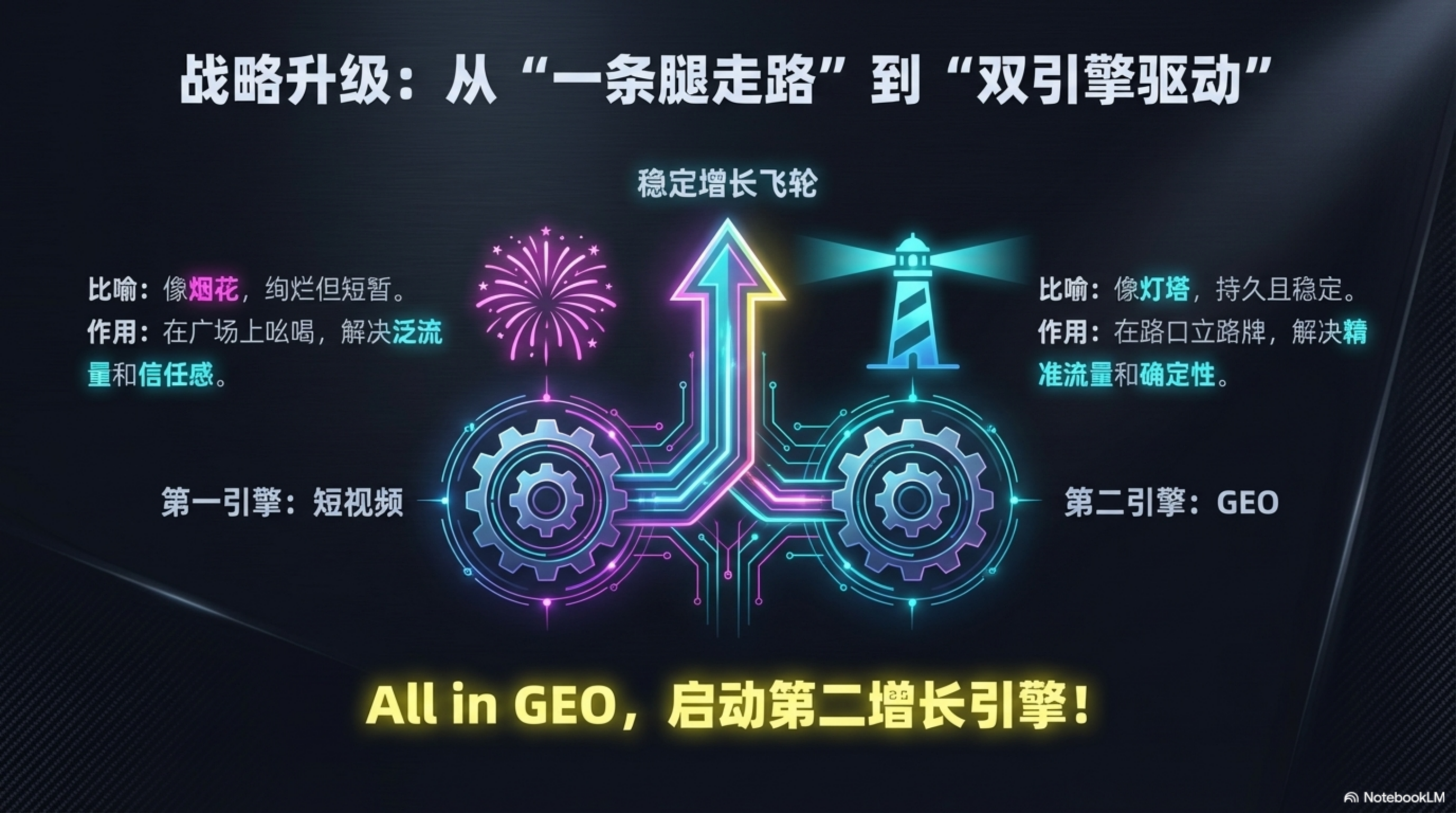 图片展示了元峰的战略升级，从“一条腿走路”转变为“双引擎驱动”。第一引擎为短视频，比作像烟花，绚烂但短暂，作用是在广场上吆喝，解决泛流量和信任感；第二引擎是GEO，比作像灯塔，持久且稳定，作用是在路口立路牌，解决精准流量和确定性。两者构成稳定增长飞轮。图片与上下文紧密相关，形象地诠释了文中提到的“GEO + 短视频”双引擎战略，强调了启动GEO这一第二增长引擎的重要性。