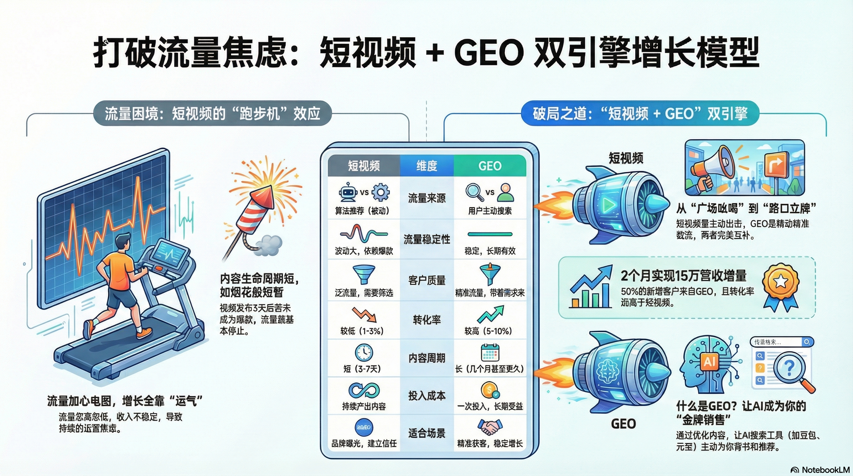 图片是元峰的年终复盘PPT中“打破流量焦虑：短视频+GEO双引擎增长模型”部分内容。左侧阐述短视频的“跑步机”效应，流量生命周期短、转化率低、成本高。右侧介绍短视频与GEO双引擎，短视频从“广场吆喝”到“路口摆摊”，GEO是精准冷链投放，2个月实现15万营收增量。GEO让AI成为“金牌销售”，通过优化内容，让AI成为工具。该图与上下文介绍元峰AI数字人+GEO创业经历相呼应，展示其流量增长策略。