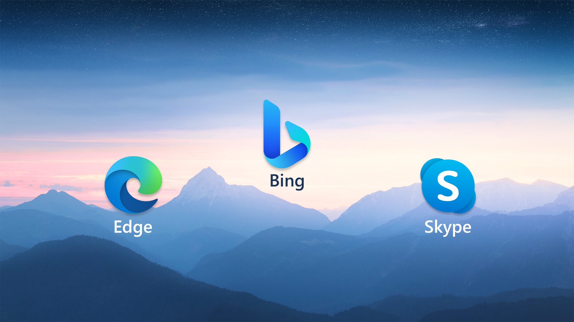 图片展示了微软的Edge浏览器、Bing搜索引擎以及Skype通讯软件的图标，背景是山峦与天空。图标颜色鲜明，Edge为蓝绿渐变，Bing以蓝色为主，Skype为纯蓝色。图片位于介绍微软2月7日推出集成ChatGPT的新版搜索引擎“新必应”的内容之后，与上下文相呼应，直观呈现了微软相关产品，突出其在搜索引擎等领域的布局。