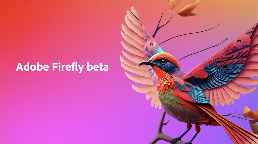 图片展示了Adobe Firefly beta的宣传图。背景为渐变色，从左至右由橙色过渡到紫色。画面右侧是一只色彩斑斓的鸟，翅膀展开，羽毛呈现红、蓝、绿等多种颜色，鸟身部分为棕色。左侧白色文字“Adobe Firefly beta”清晰可见。该图片与文档中“3月22日：Adobe推出AI图像生成器Adobe Firefly”内容相关，直观呈现了Adobe Firefly这一AI图像生成器的形象。