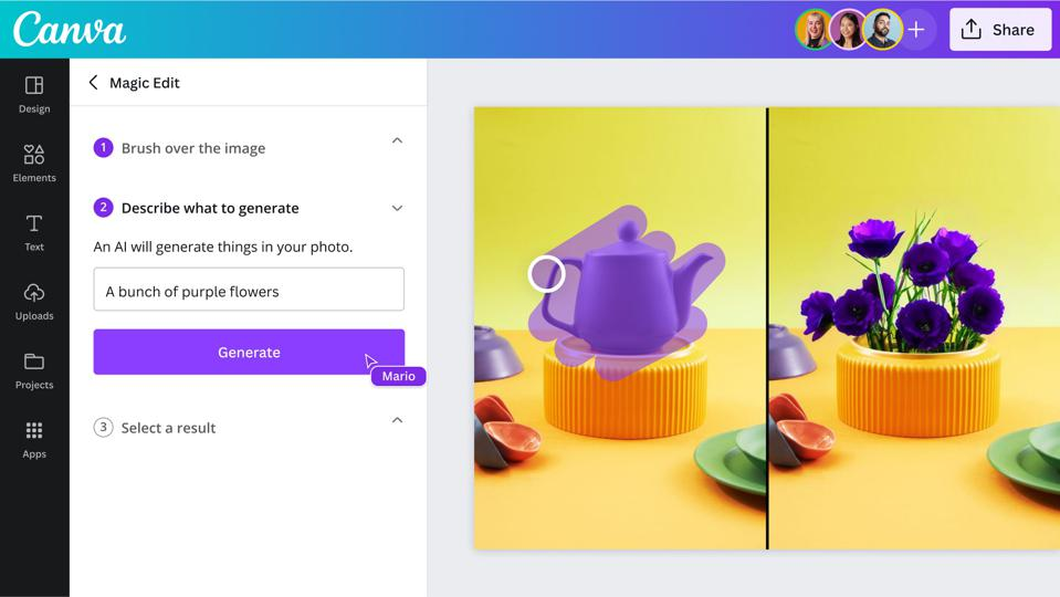 图片展示了Canva平台的Magic Edit功能界面。左侧为功能操作区域，有“Brush over the image”“Describe what to generate”“Select a result”等步骤说明，当前选中“Describe what to generate”，下方输入框内显示“An AI will generate things in your photo. A bunch of purple flowers”。右侧是两张对比图，左侧为原始图像，右侧是添加了紫色花朵的图像。该图片与文档中介绍Canva在Canva Create上推出新AI工具，发布Magic Design功能，支持用户使用生成式人工智能创建自定义模板的内容相关，直观呈现了该功能的操作界面及效果。
