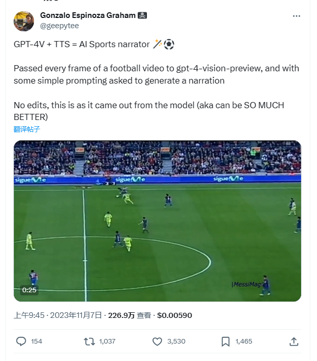 图片展示的是Gonzalo Espinoza Graham在Twitter上分享的内容，标题为“GPT-4V + TTS = AI Sports narrator”。内容提到将足球比赛画面逐帧交给gpt-4-vision-preview，并通过简单提示要求生成旁白，强调未做编辑，是模型直接输出的结果。图片下方是一段足球比赛视频画面，显示比赛时间为0:25，画面中有球员在场上奔跑。该图片与上下文紧密相关，直观呈现了GPT-4V视觉+TTS语音合成技术生成的AI足球解说效果。